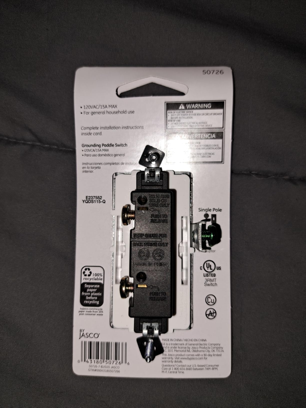 GE in-Wall Switch, Single Pole, Paddle Rocker, White, 5 Pack | Grounding Design, Pressure Lock Terminals for Easy Install, Supports 120VAC, 15A, No Neutral Wire Needed customer photo 1