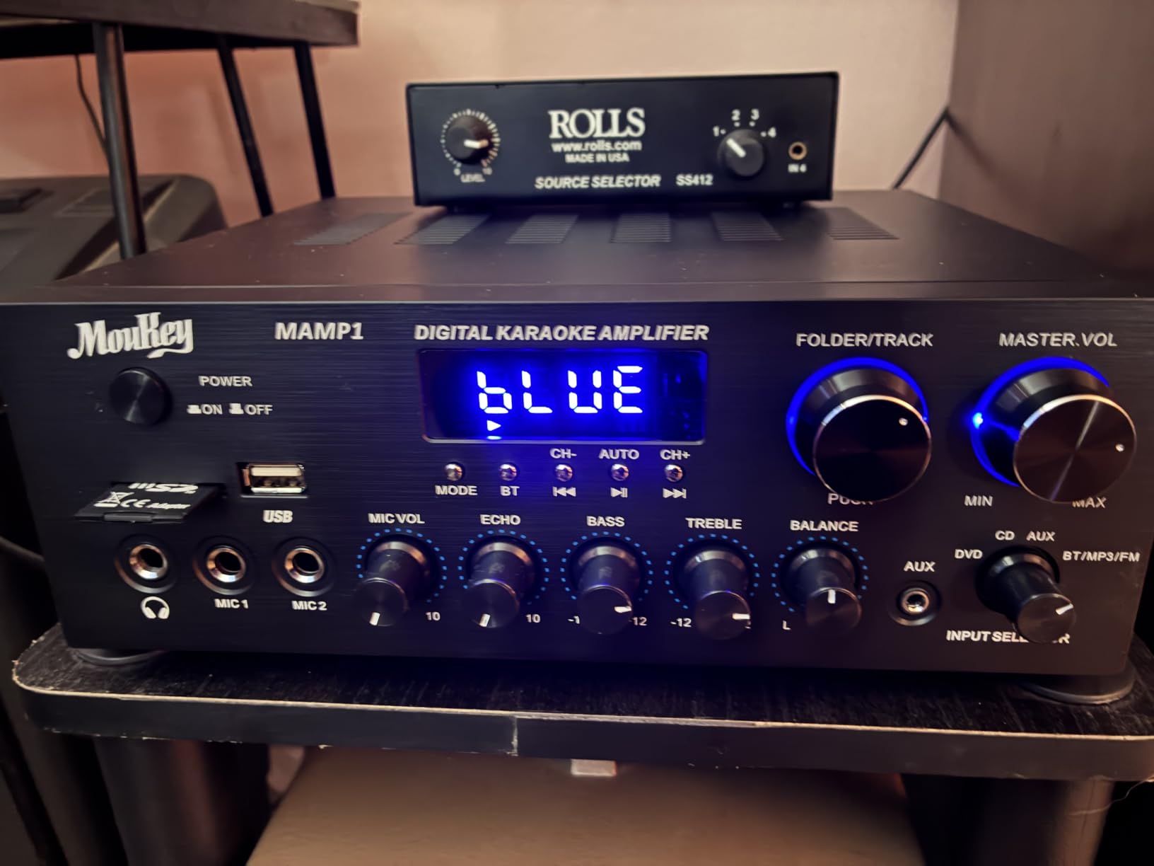 Moukey Stereo Receivers with Bluetooth 5.0, 2.0 Channel Power Audio Amplifier Stereo System w/USB, SD, AUX, RCA, MIC in w/Echo, LED for Karaoke, Home Theater Speakers, 400W Peak - MAMP1 customer photo 1