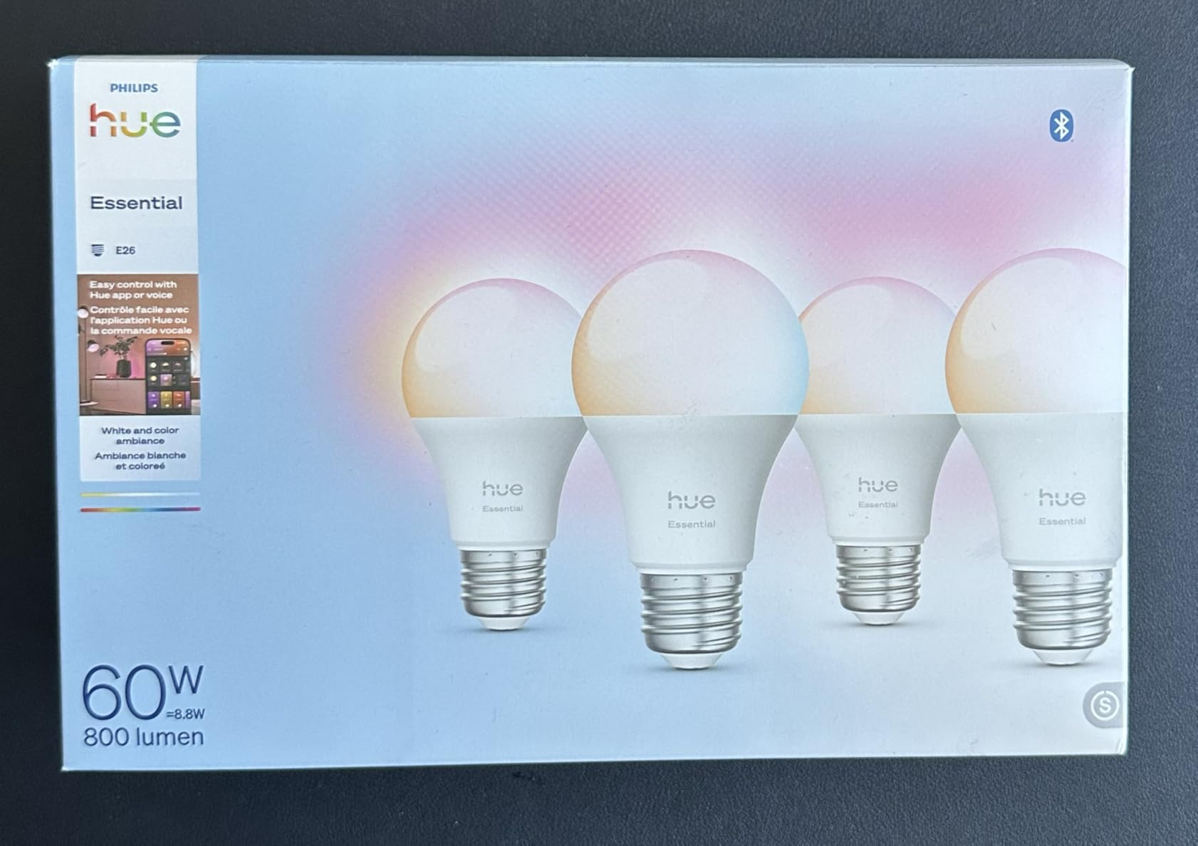 Philips Hue Essential Smart LED A19 Bulb 4-Pack, White and Color Ambiance, E26, 7.2W, 2200K-6500K, 800 Lumens, Dimmable, Works with Alexa Google Assistant Apple Home customer photo 1