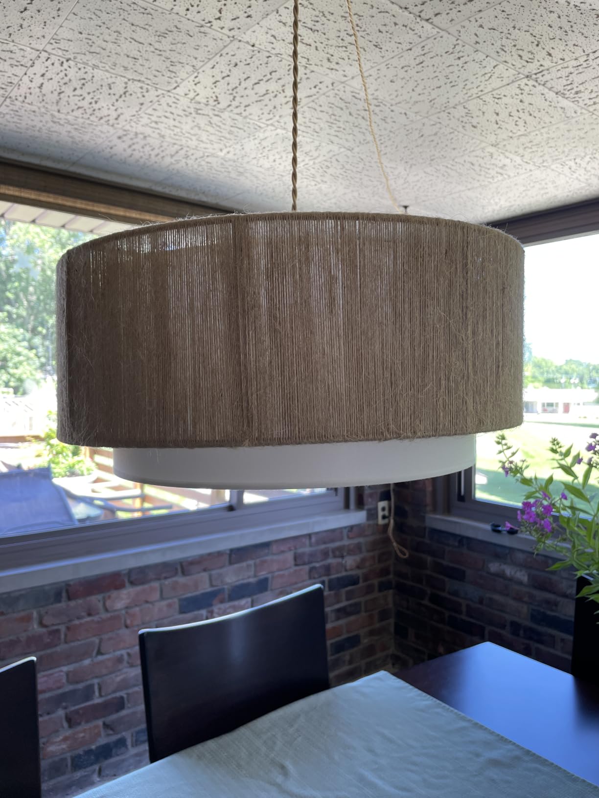 Plug in Pendant Light, 2-Tier Drum Linen Pendant Lights with 15.7FT Handmade Woven Light Cord, 17.7