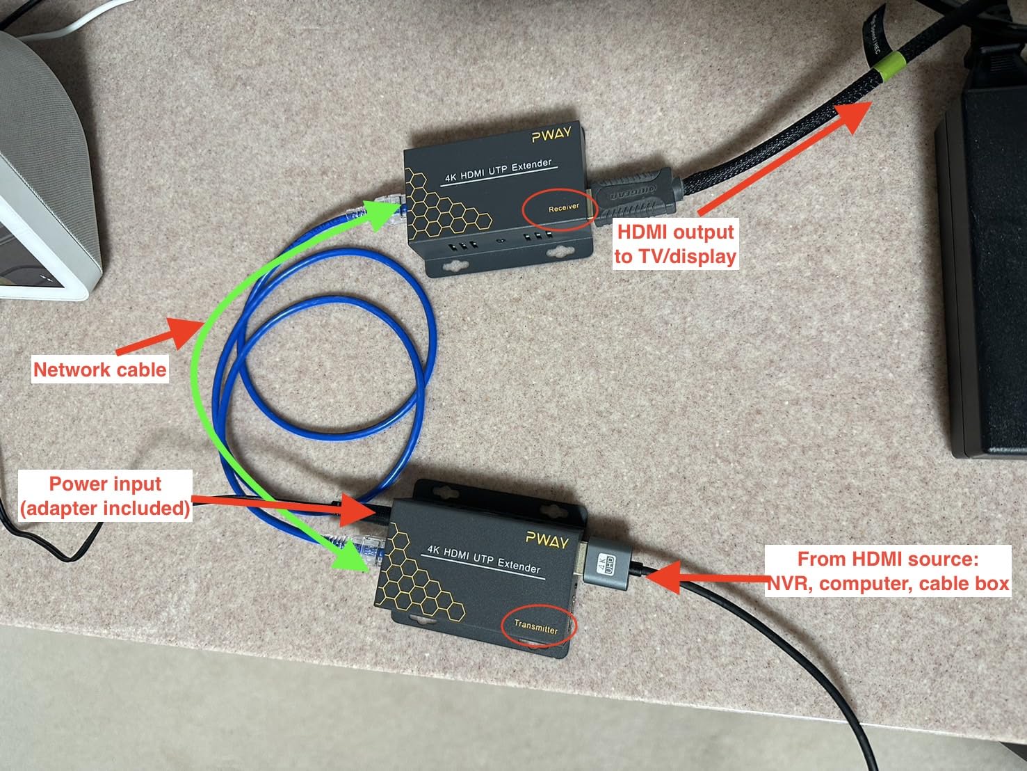 PWAY 4K HDMI Extender Over Ethernet Cat5 Cat6 Cat7 Upto 230ft, with IR, Loop Out, 4K@30Hz 1080P HDMI Transmitter Receiver POC with Holes, Easy Installation (HT275) customer photo 2