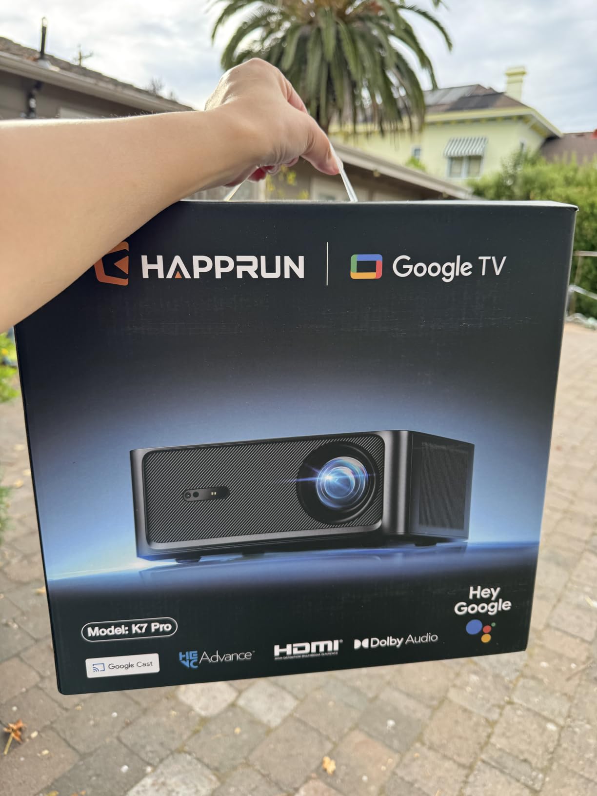 HAPPRUN 3000 ANSI Lumens Outdoor Projector with Official Google TV, 4K Supported Smart Movie Projector, Dolby Audio, Auto Focus & Keystone, WiFi 6 and Bluetooth for Indoor & Outdoor Movies, Black customer photo 1
