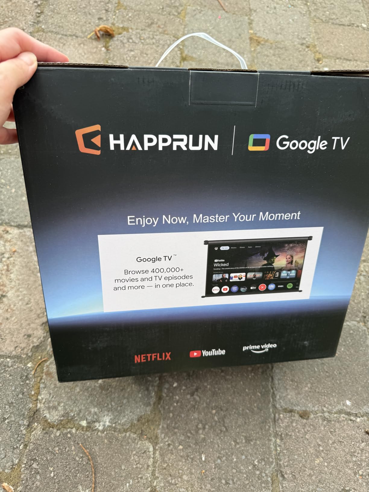 HAPPRUN 3000 ANSI Lumens Outdoor Projector with Official Google TV, 4K Supported Smart Movie Projector, Dolby Audio, Auto Focus & Keystone, WiFi 6 and Bluetooth for Indoor & Outdoor Movies, Black customer photo 2