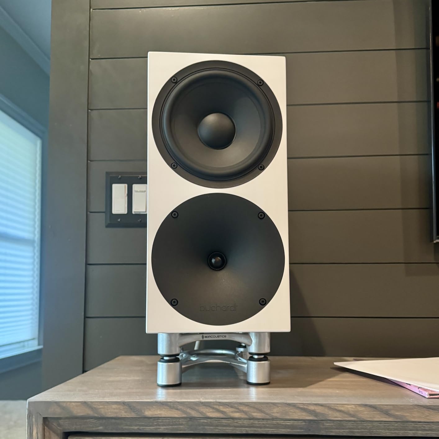 IsoAcoustics Aperta Series Isolation Speaker Stands with Tilt Adjustment: Aperta300 (11.8 inch W x 7.9 inch D) Silver (Single) customer photo 1