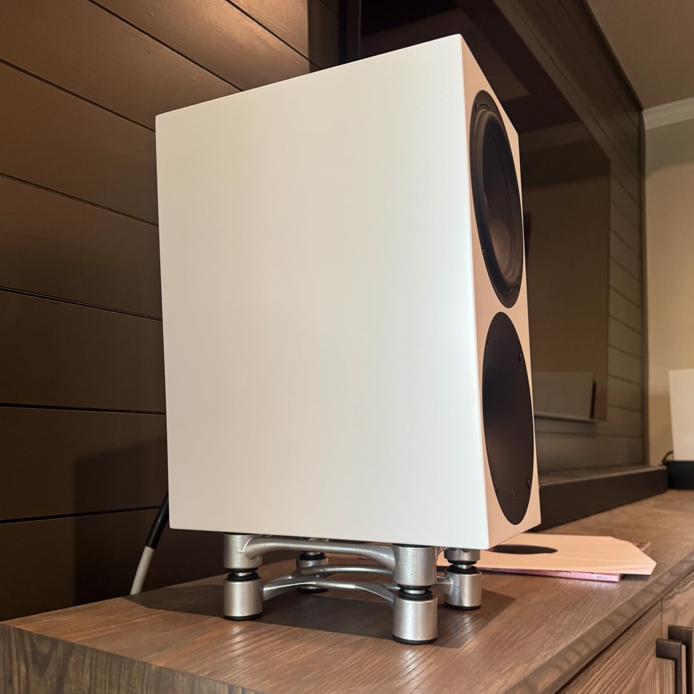 IsoAcoustics Aperta Series Isolation Speaker Stands with Tilt Adjustment: Aperta300 (11.8 inch W x 7.9 inch D) Silver (Single) customer photo 2