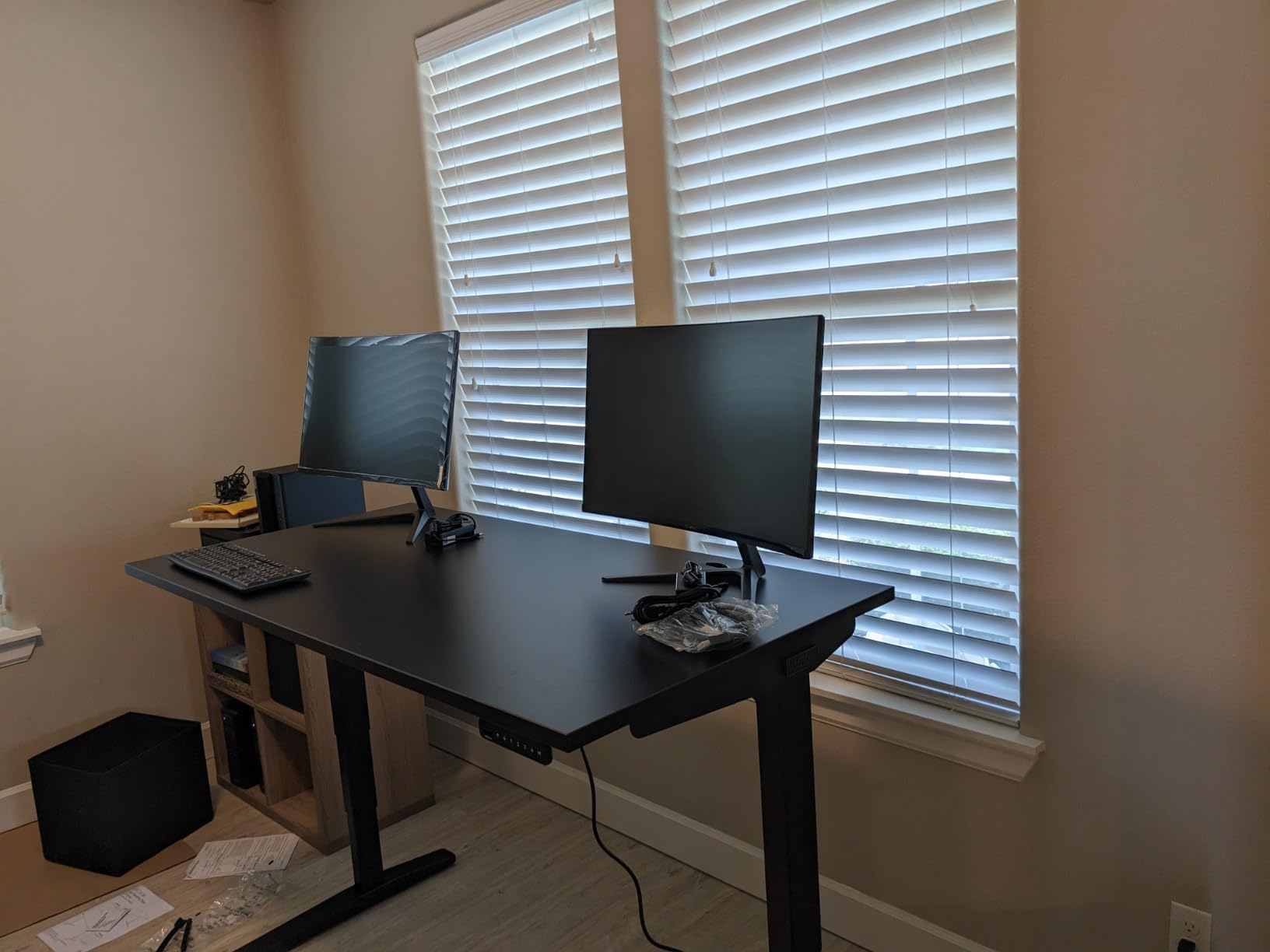V3 2-Leg Walnut Laminate Wood Standing Desk - Adjustable Height, Advanced 1-Touch Memory Keypad, Under Desk Cable Management, Wire Grommets & Rocker Board (Black C-Frame, 48 x 30 inch) customer photo 1