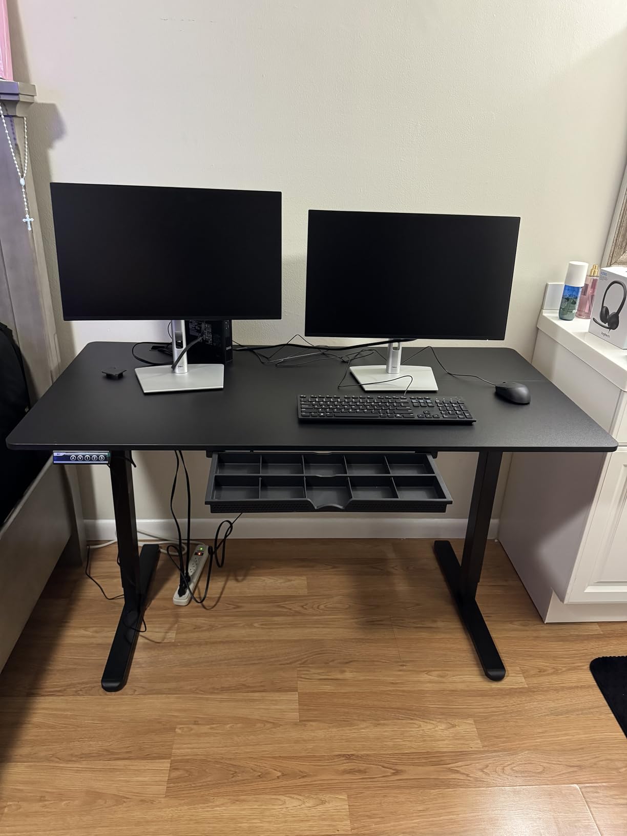 SHW 48-Inch Electric Height Adjustable Standing Desk w/Drawer, Maple | w/ Memory Presets and Cable Management | Drawer with adjustable compartments | Hanging Hooks customer photo 2