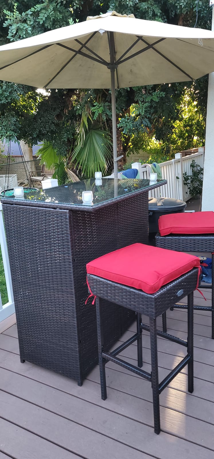 Tangkula Patio Bar Set, 3 Piece Outdoor Rattan Wicker Bar Set with 2 Cushions Stools & Glass Top Table, Outdoor Furniture Set for Patios Backyards Porches Gardens Poolside (Red) customer photo 2