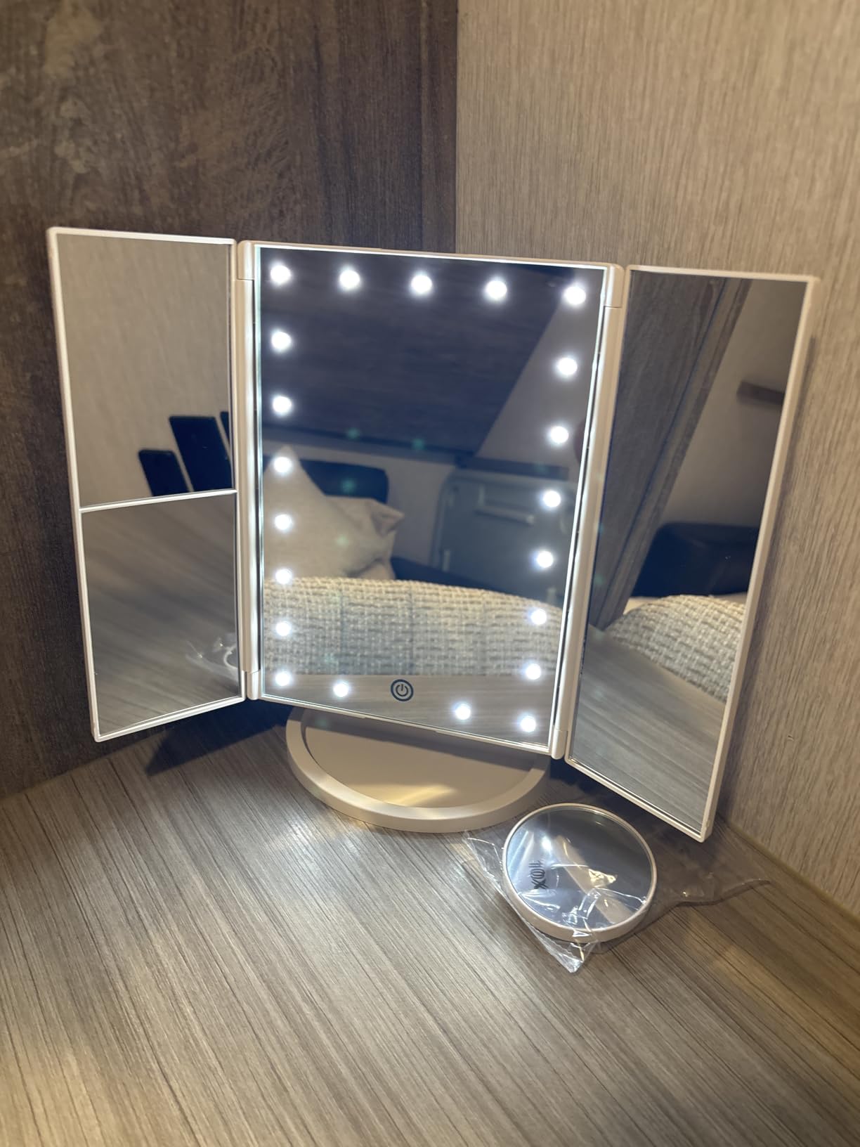 HUONUL 2X/3X/10X Magnifying Vanity Mirror with Light, Trifold Makeup Mirror | Touch Dimming, Dual Power, Clear View for Makeup, Skincare. Dorm Room Essentials. Birthday Gifts for Women, Mom, Wife, Girls customer photo 2