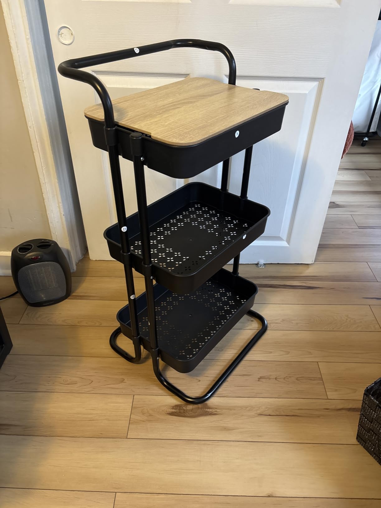 DTK 3 Tier Metal Utility Rolling Cart with Table Top and Side Bags, Tray Storage Organizer Wheels, Art Craft 4 Hooks for Kitchen Bathroom Office Living Room (Black) customer photo 1