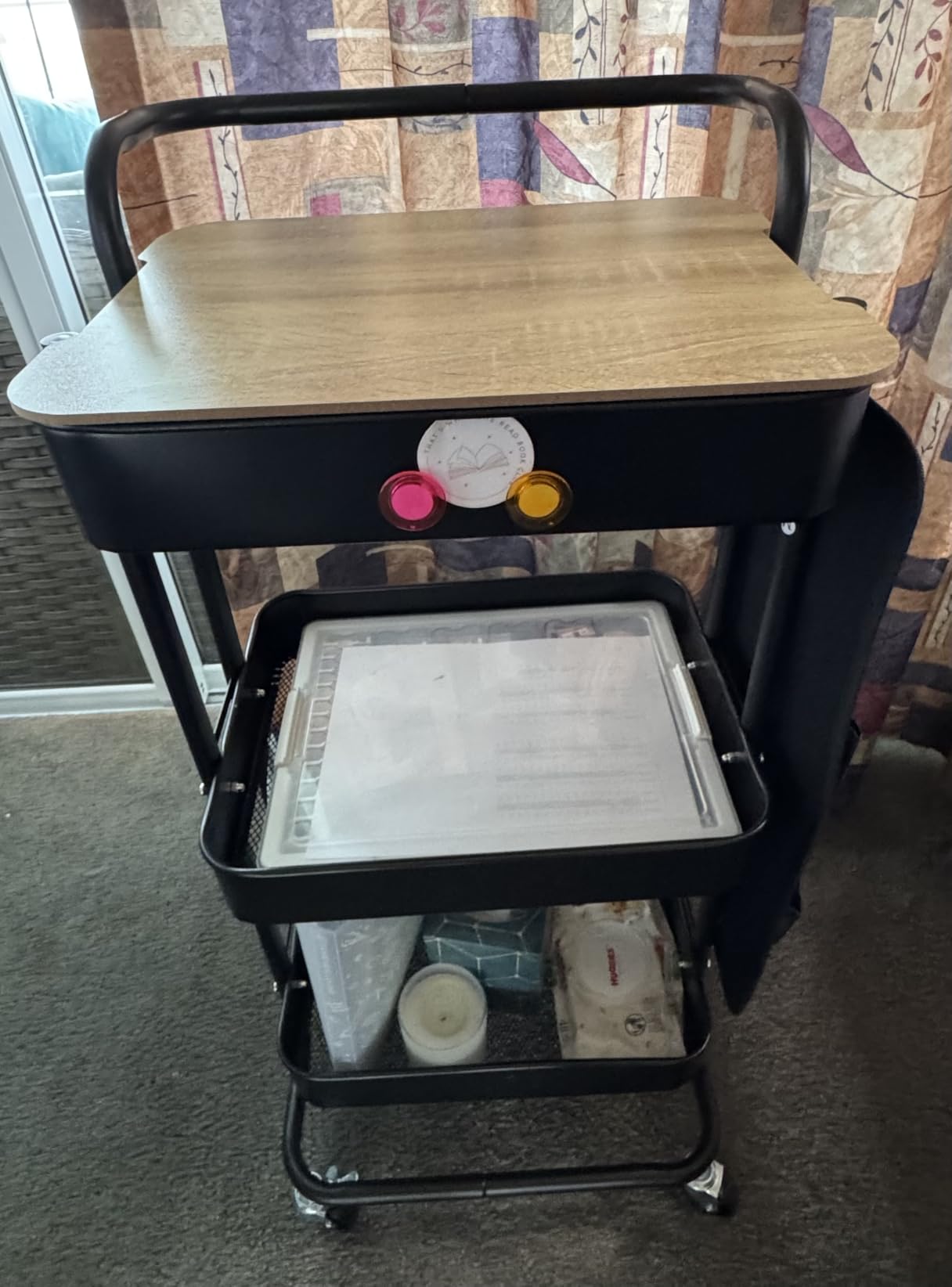 DTK 3 Tier Metal Utility Rolling Cart with Table Top and Side Bags, Tray Storage Organizer Wheels, Art Craft 4 Hooks for Kitchen Bathroom Office Living Room (Black) customer photo 2