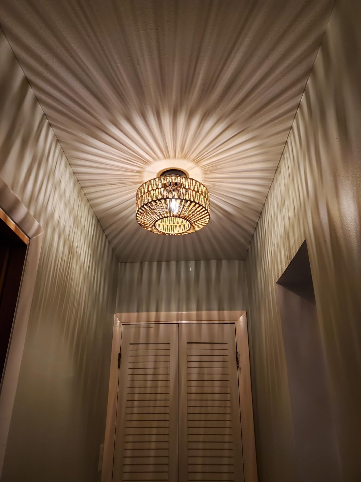 Boho Light Fixtures Ceiling Mount, Mini Rattan Chandelier Light Fixture with Dimmable LED Bulb, Hand Woven Ceiling Light Fixtures Flush Mount for Hallway Bedroom Kitchen Entryway Living Room customer photo 2
