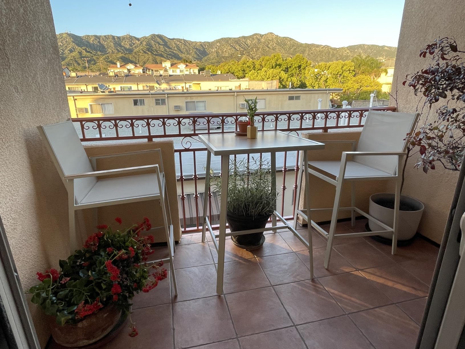 3-Piece Patio Bar Set, All Weather Textilene Bar Height Table and Chairs Set with Wood Like-Top Table, Metal Counter Height Bar Stools and Table Set for Garden, Deck, Balcony customer photo 1