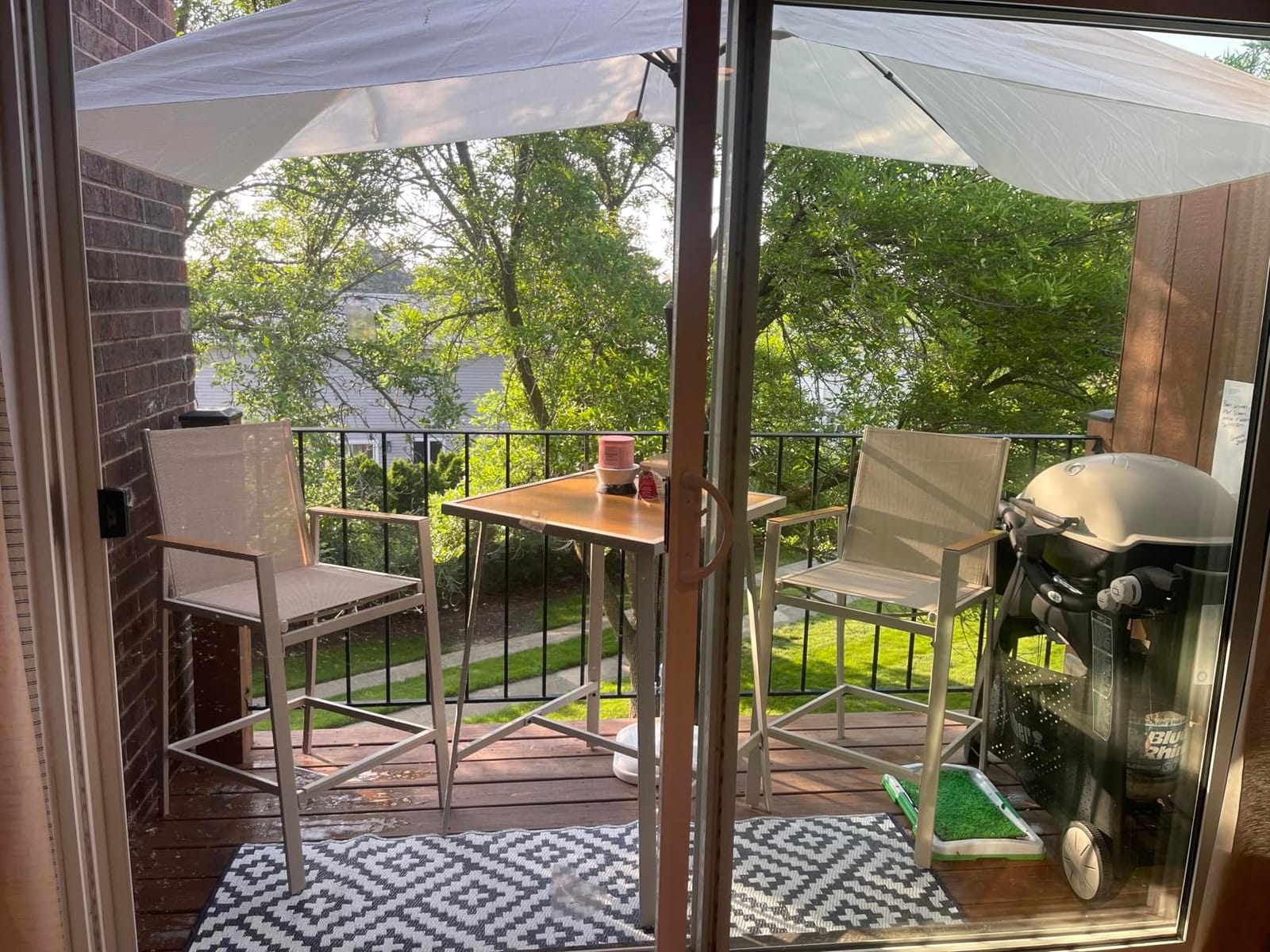 3-Piece Patio Bar Set, All Weather Textilene Bar Height Table and Chairs Set with Wood Like-Top Table, Metal Counter Height Bar Stools and Table Set for Garden, Deck, Balcony customer photo 2