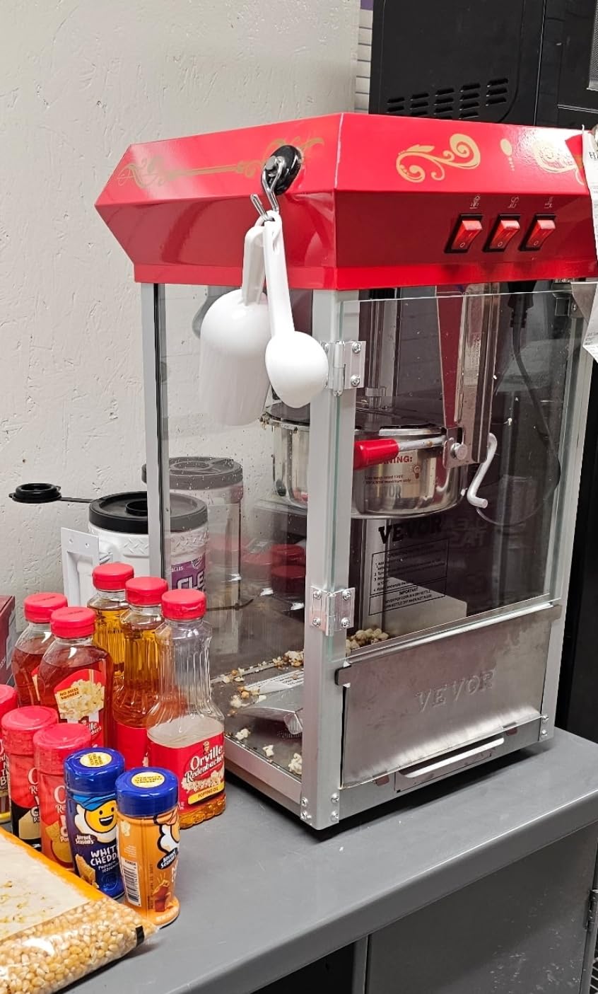 VEVOR Commercial Popcorn Machine, 8 Oz Kettle, 850 W Countertop Popcorn Maker for 48 Cups per Batch, Theater Style Popper with 3-Switch Control Steel Frame Tempered Glass Doors 2 Scoops 2 Spoons, Red customer photo 2