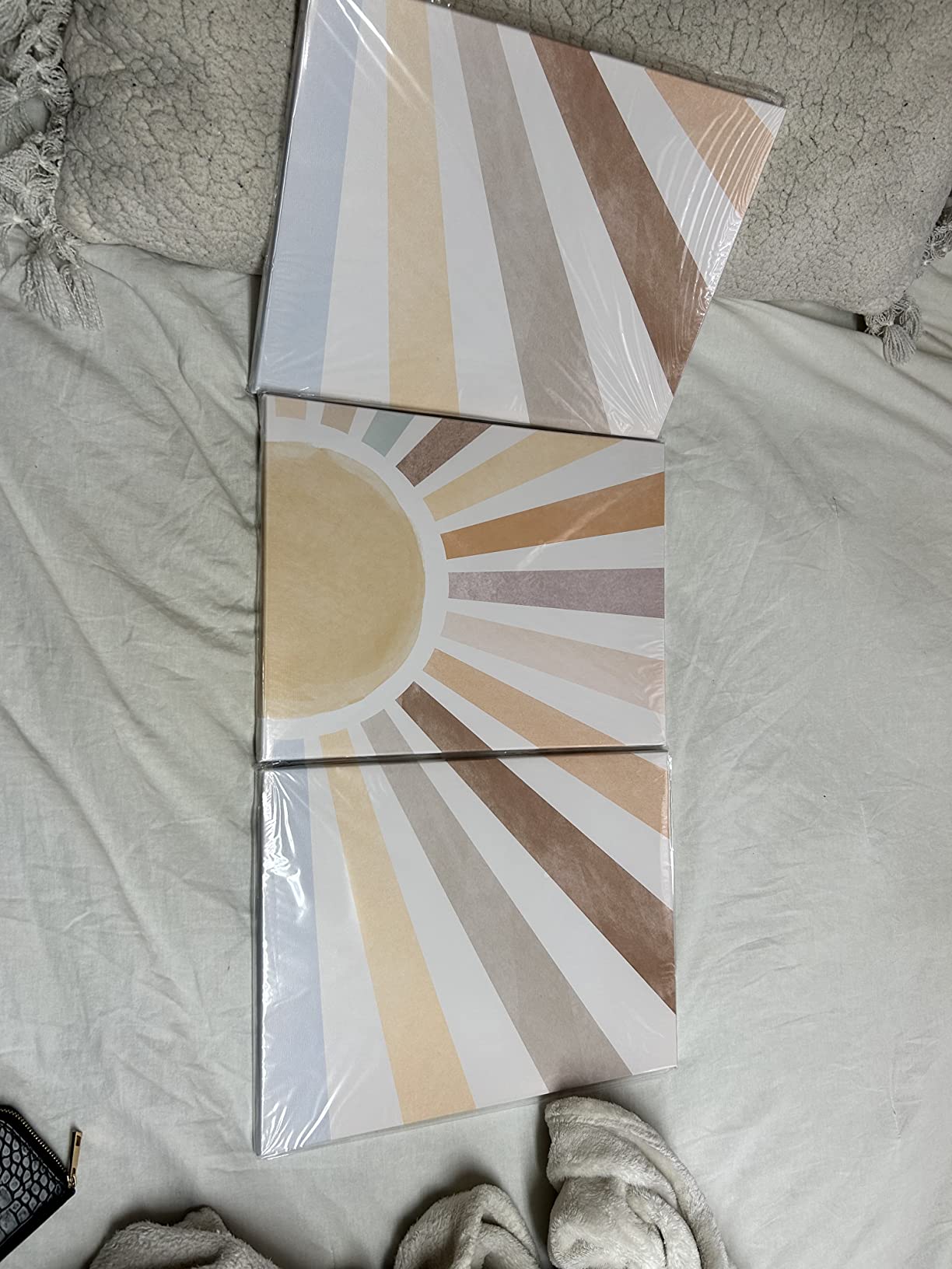 Sage Green Boho Wall Art Set of 3, Minimalist Framed Wall Art Geometric Line Leaf Sun Moon Beige Green Canvas Artwork Paintings, Abstract Botanical Boho Room Decor, Office, 12