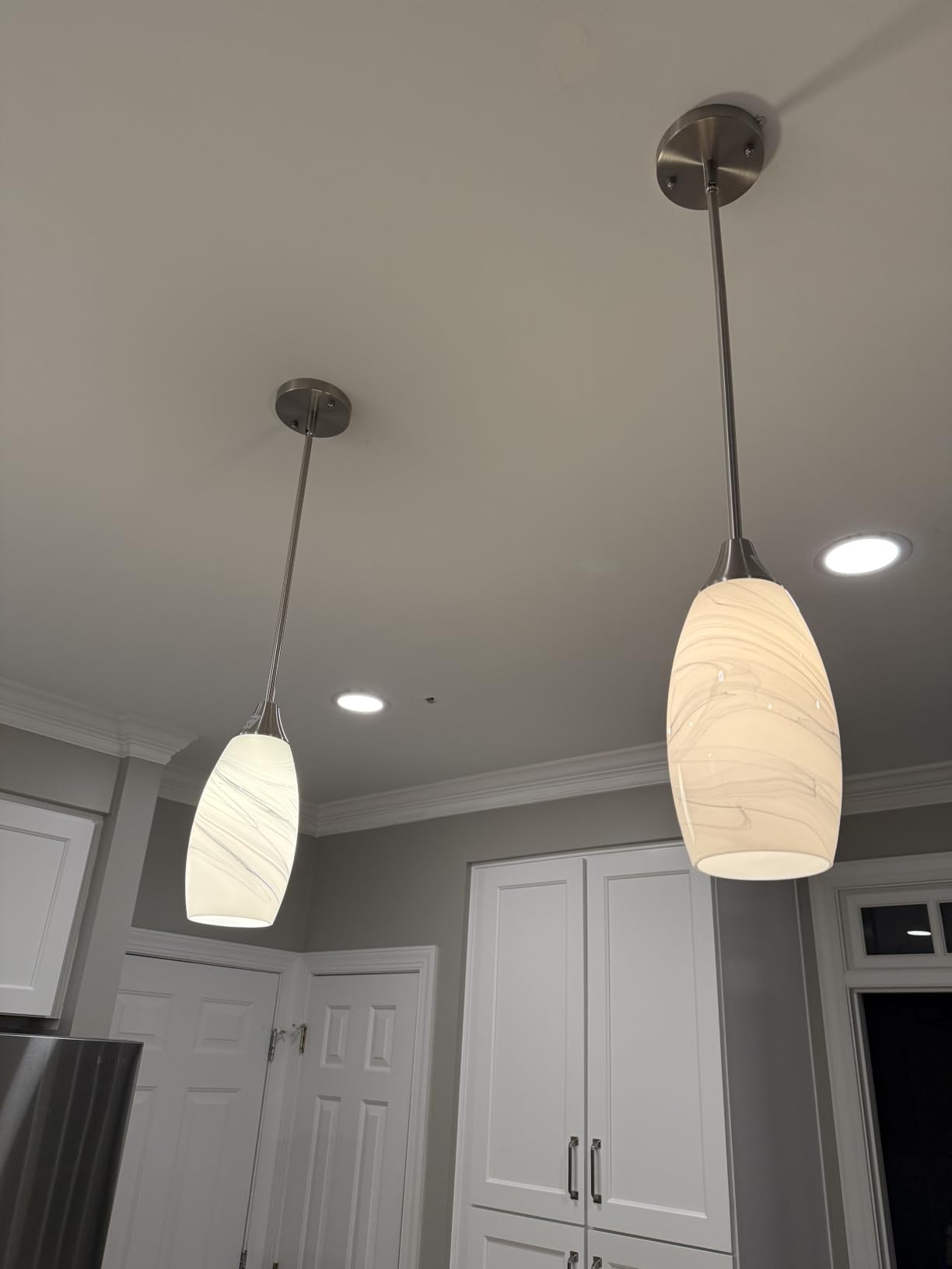 EDISHINE Pendant Light Fixture, Handcrafted Art Glass Hanging Light, Hardwired Ceiling Light, White Marble Glass Shade, Adjustable Brushed Nickel Rods, E26 Base, Pendant Lamp for Kitchen Bathroom Bar customer photo 2