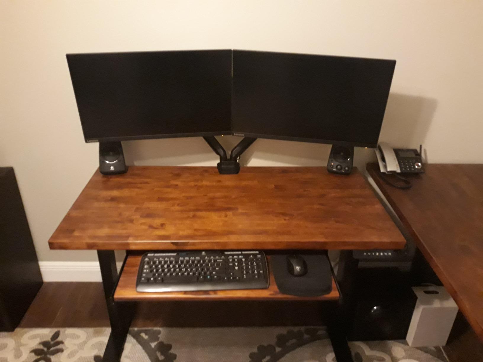 FEZIBO L Shaped Standing Desk with Arc LED & Power Outlet, Exclusive Uprated 3 Motors Support 330LBS, Electric Height Adjustable L Shaped Desk with Large Monitor Stand, for Home Office, Rustic Brown customer photo 1