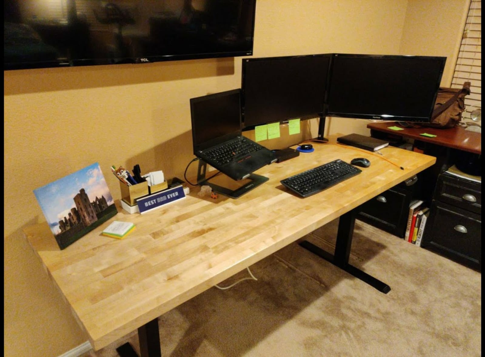 FEZIBO L Shaped Standing Desk with Arc LED & Power Outlet, Exclusive Uprated 3 Motors Support 330LBS, Electric Height Adjustable L Shaped Desk with Large Monitor Stand, for Home Office, Rustic Brown customer photo 2