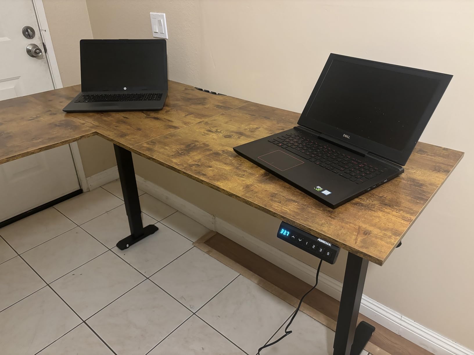 Agilestic 63 x 55 Inch L Shaped Electric Standing Desk, Rustic Brown | Corner Desk, Ample Workspace, Memory Presets, Hooks, Stable Steel Frame, 176 lbs Capacity, Easy Assembly, Splice Board customer photo 2