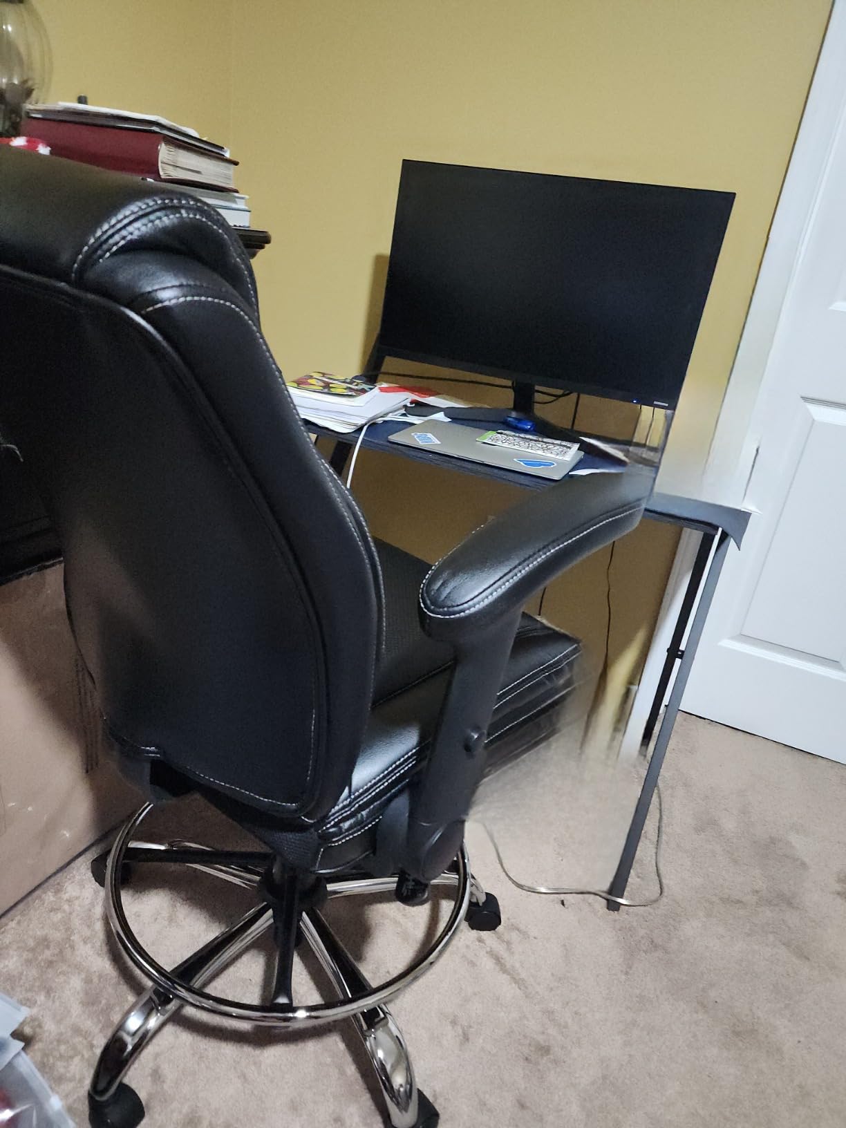 Ergonomic Mid-Back Premium Faux Leather Adjustable Drafting Chair with Multi-Function Arms and Foot Ring, Standing-Desk Matched Tall Swivel Computer Office Stool, Black customer photo 2