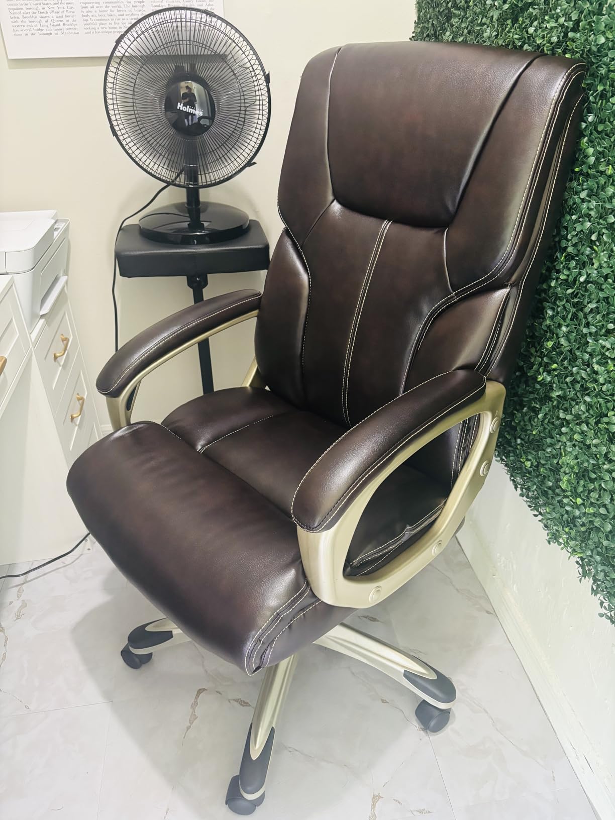 Amazon Basics Executive High Back Office Chair, Adjustable Height, Tilt, Swivel, Padded Seat, Bonded Leather, Wheels, Black/Silver customer photo 1