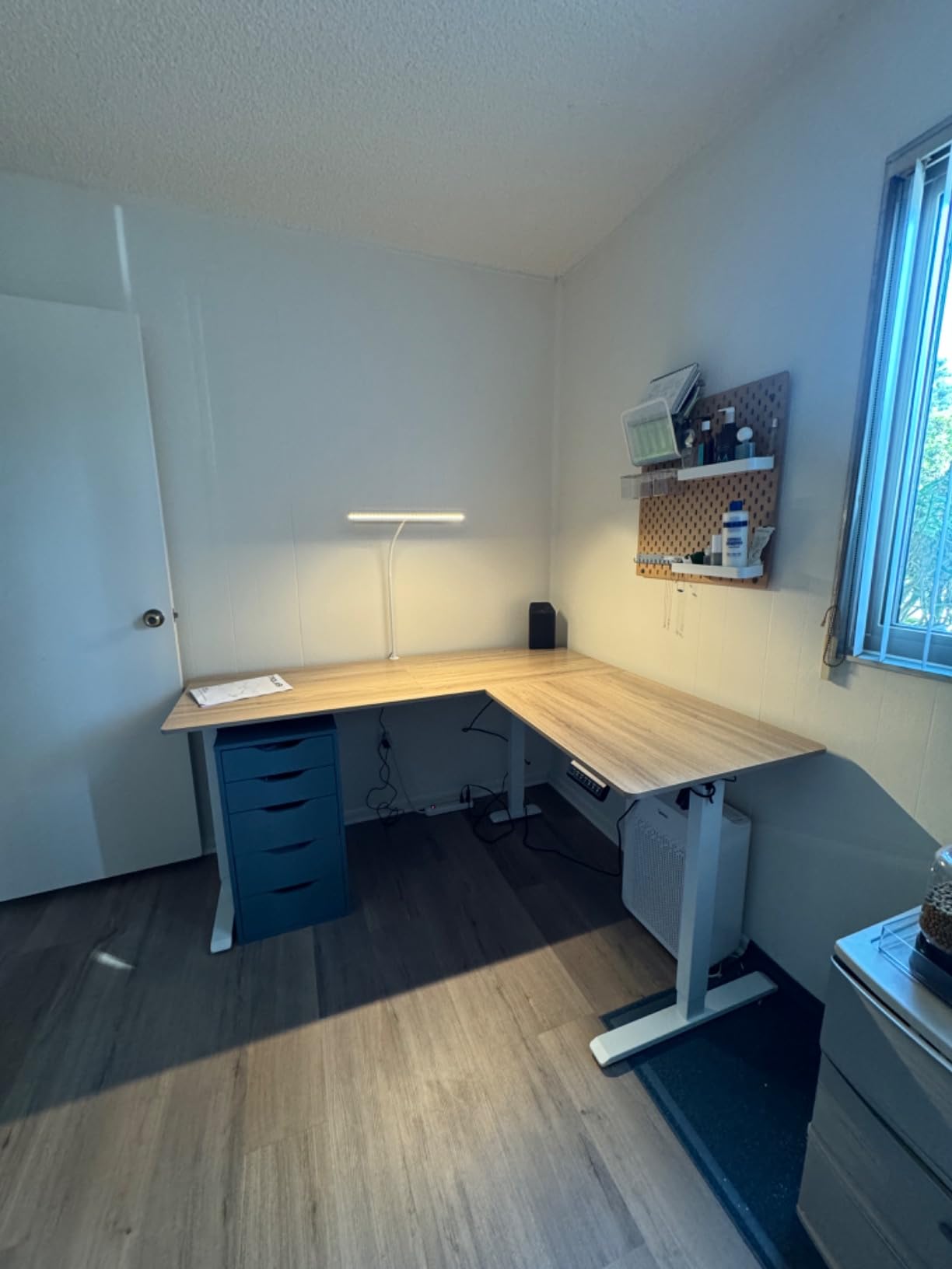 TIQLAB L Shaped Standing Desk Adjustable Height, Reversible Electric Corner Standing Desk, 63 x 55 inch Sit Stand Computer Table with Splice Board, Maple customer photo 1