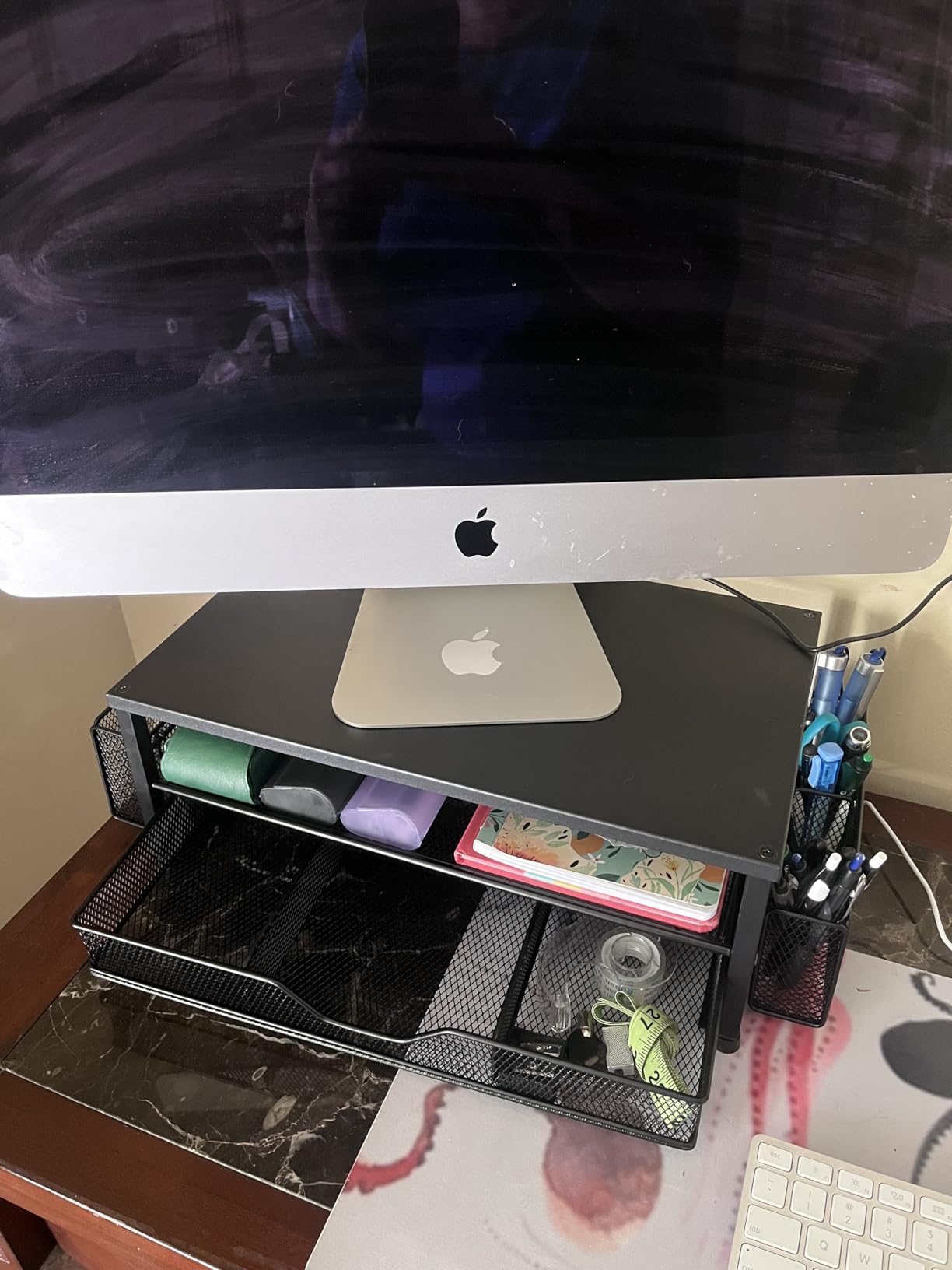 OPNICE Desk Organizer and Accessories, 2-Tier Computer Monitor Stand Riser with Drawer and 2 Pen Holders, Laptop Stand, Office Desk Accessories for Office Supplies, Black customer photo 1
