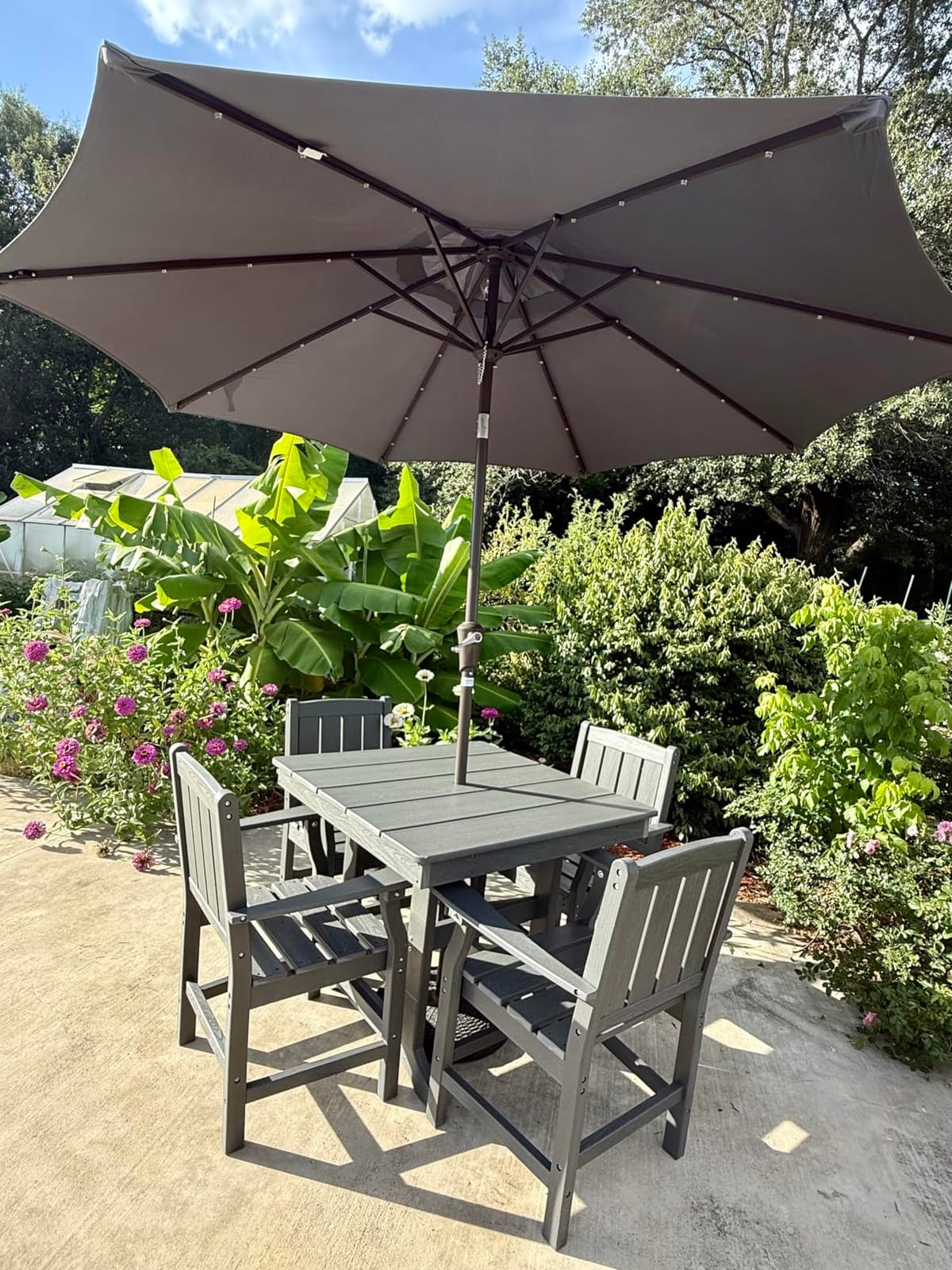 Pamapic 5 PCS Outdoor Dining Set, Spacious HDPE Outdoor Table and Chairs, Wood Grain Patio Furniture Sets with Elegant Armrest, All-Weather Patio Dining Table with Umbrella Hole, Gray customer photo 2