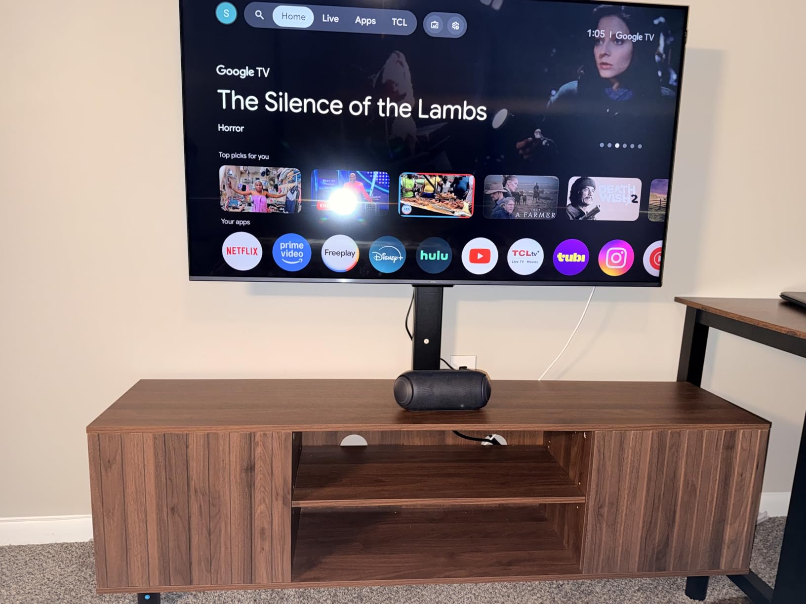 Lamtor TV Stand with Mount for 65-75 Inch TV, Fluted Walnut Media Console | Modern entertainment center with power outlet, adjustable mount, textured fluted doors and spacious storage for living room customer photo 1