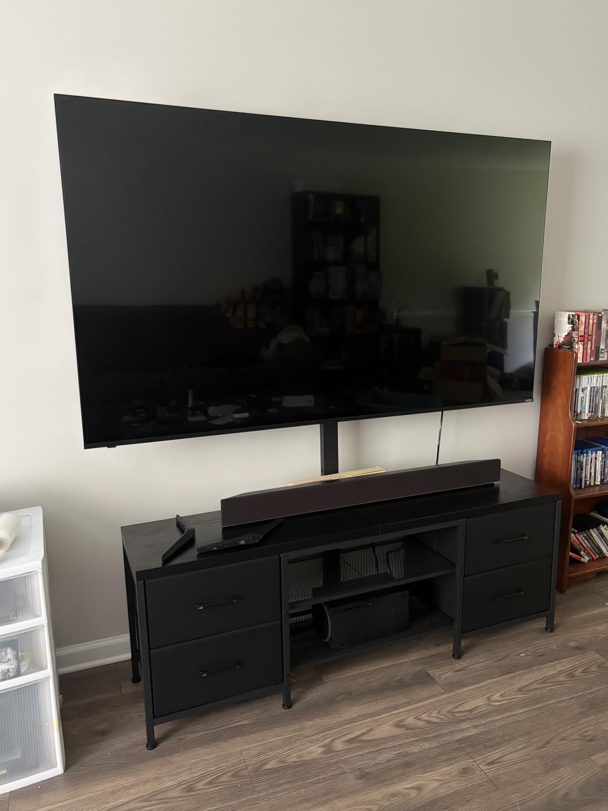 TV Stand with Mount for 75 Inch TV, w/LED & Outlets, 59'' Black | TV Media Console for Bedroom/Living Room, Industrial Modern Entertainment Center with 4 Fabric Drawers, Open Shelves customer photo 2