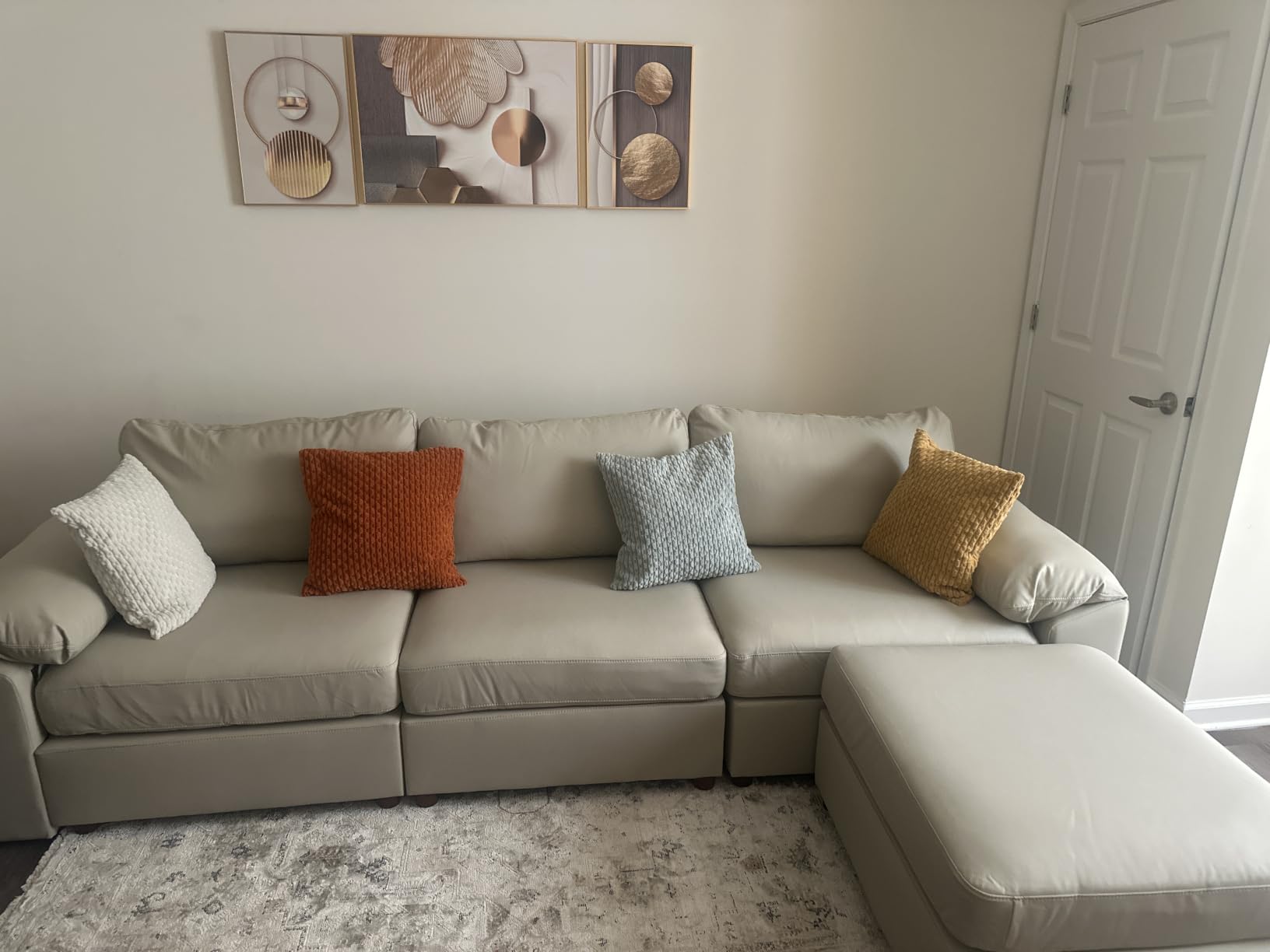 EASE MOOSE Oversized Leather Modular Sectional Sofa,Sectional Couch with Deep Seat,Extra Large U Shaped Couch,Faux Leather Material Sofa Modern Comfy Scratch Resistant,Beige customer photo 1