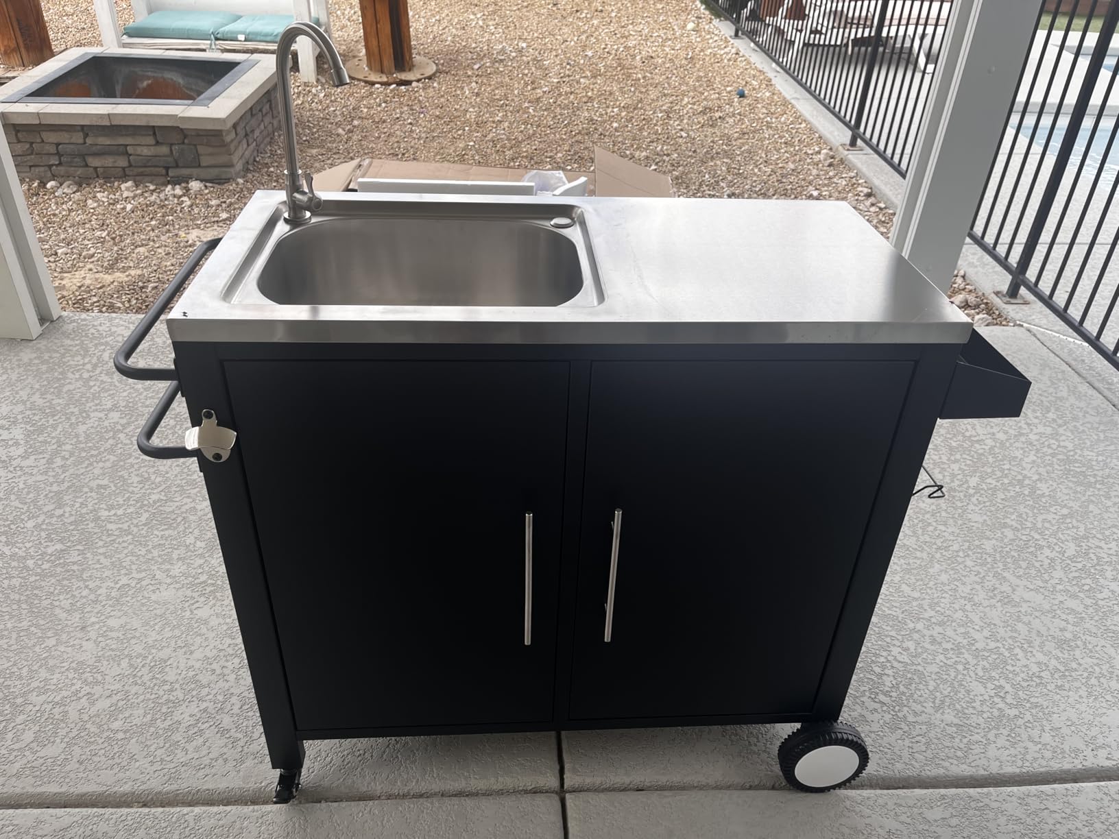 Outdoor Grill Table with Sink, Metal Worktable Kitchen Cabinet Island w/ 304 Stainless Steel Sink, Foldable Top and Storage Cabinet, Rolling Grill Cart with Wheels for Garden, Backyard and Lawn customer photo 2