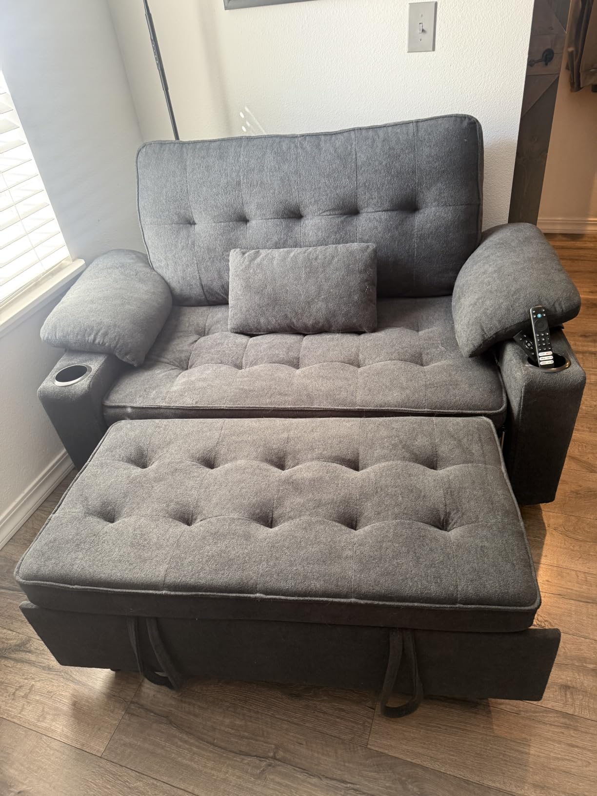 58'' Convertible Sofa Bed with USB Charger and Cup Holders, Teddy Fabric Loveseat Pull Out Couch with Adjustable Backrest and Side Pocket for Small Space(Grey) customer photo 1
