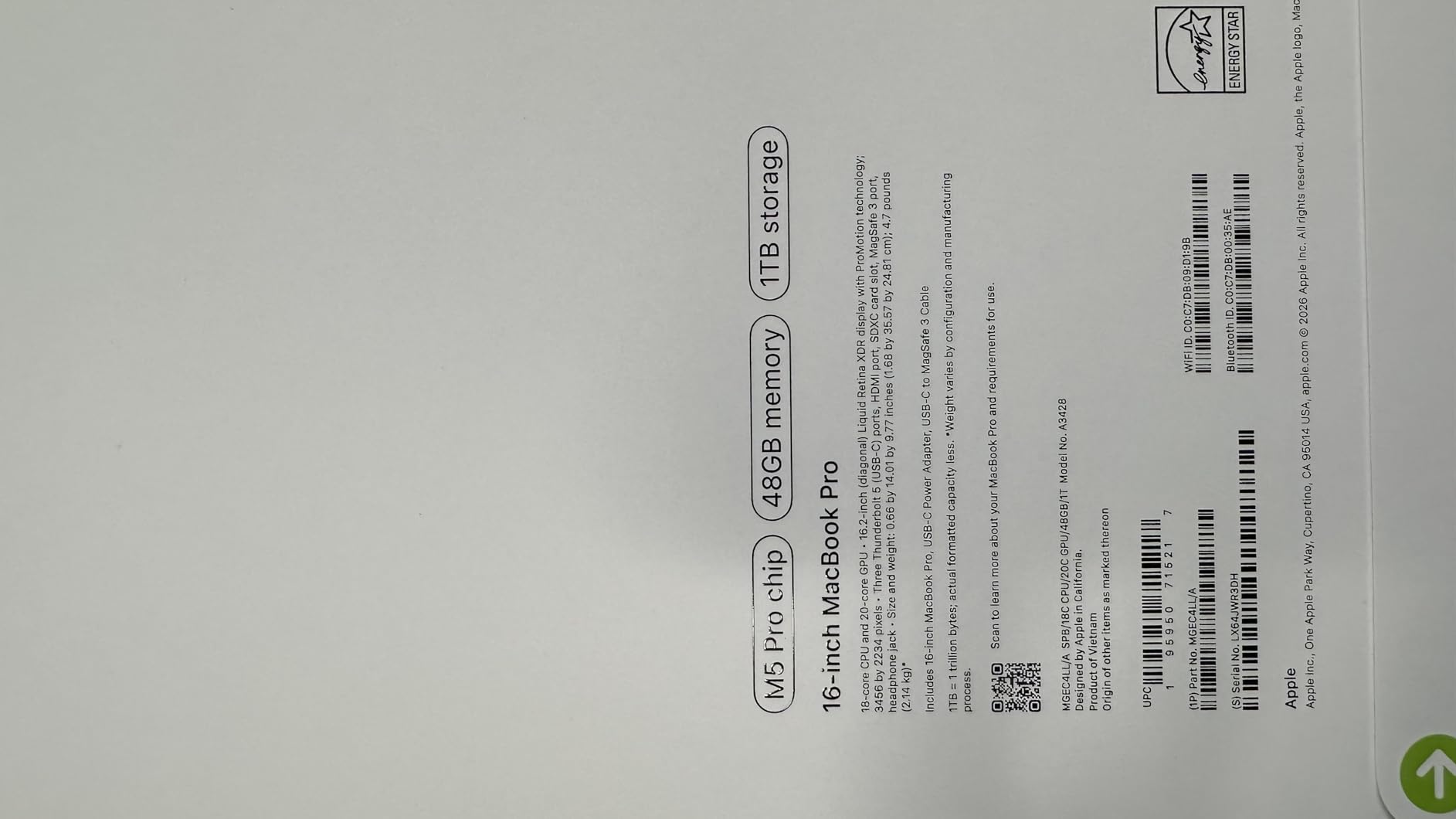 Apple 2026 MacBook Pro Laptop with Apple M5 Pro chip: 18-core CPU, 20-core GPU, 16.2-inch Liquid Retina XDR Display, 48GB Unified Memory, 1TB SSD, Wi-Fi 7; Silver customer photo 1