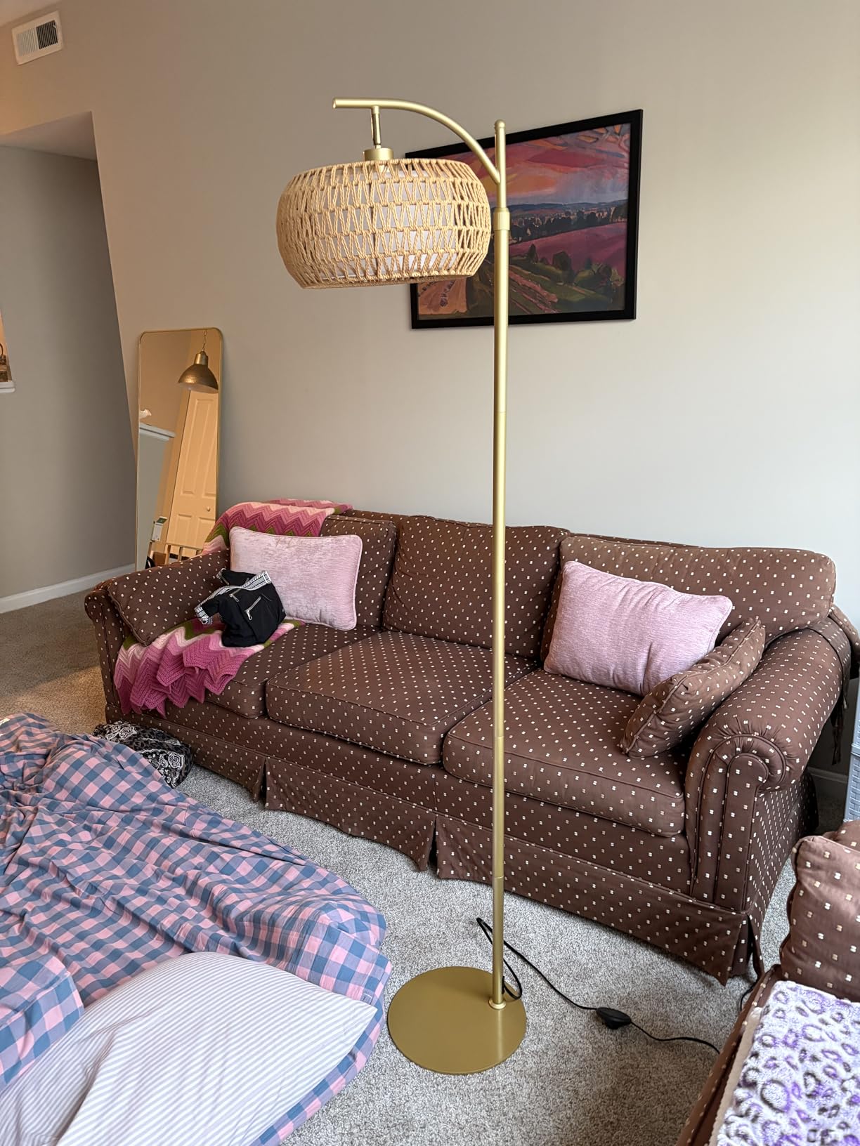 Vintage Arc Floor Lamps for Living Room Farmhouse Wood Floor Lamp with Remote Control, Dimmable Rattan Floor Lamp Boho Standing Lamp with 3 Color Temperature Wicker Tall Floor Lamp for Bedroom Corner customer photo 2