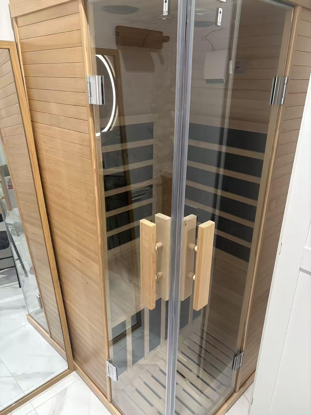 Wood Infrared Sauna for Home, Indoor Home Sauna with Red Light, 1 Person Infrared Sauna, Chromotherapy Light, Hemlock, Low EMF Far Infrared, Bluetooth Speakers, 33.4'' x 33.4'' x 70'' customer photo 2