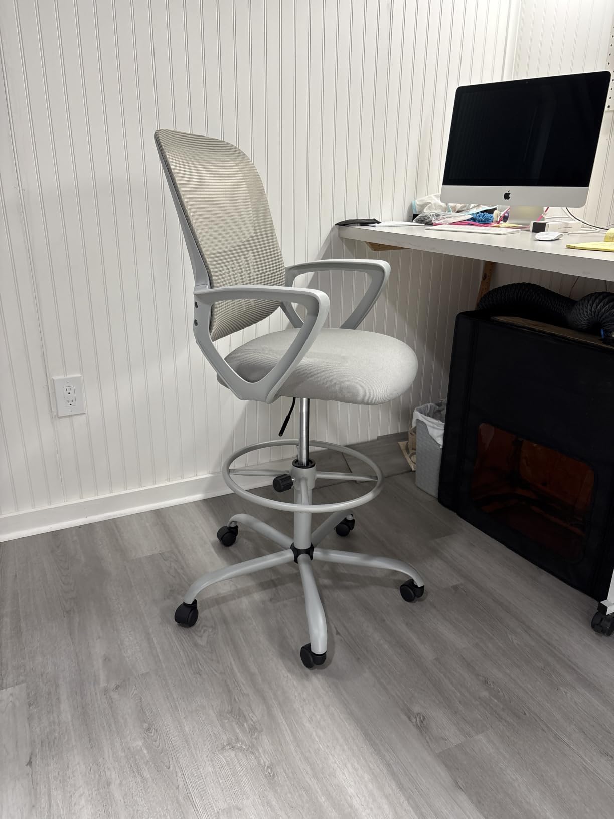 Sweetcrispy Tall Drafting Chair, High Office Desk Chair with Lumbar Support, Adjustable Height, Comfy Flip-up Arm, Footrest, 360 Rolling Counter Stool, Grey customer photo 1