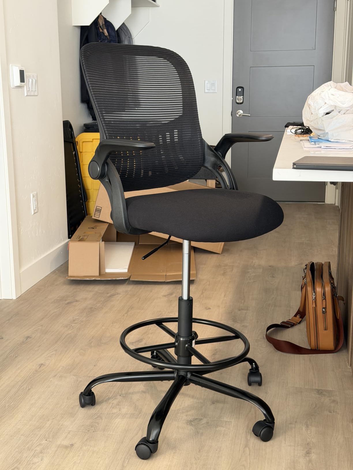 Sweetcrispy Tall Drafting Chair, High Office Desk Chair with Lumbar Support, Adjustable Height, Comfy Flip-up Arm, Footrest, 360 Rolling Counter Stool, Grey customer photo 2