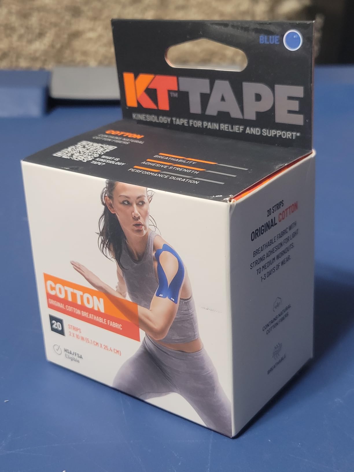 KT Tape, Original Cotton, Elastic Kinesiology Athletic Tape, 20 Count, 10” Precut Strips, Blue customer photo 2