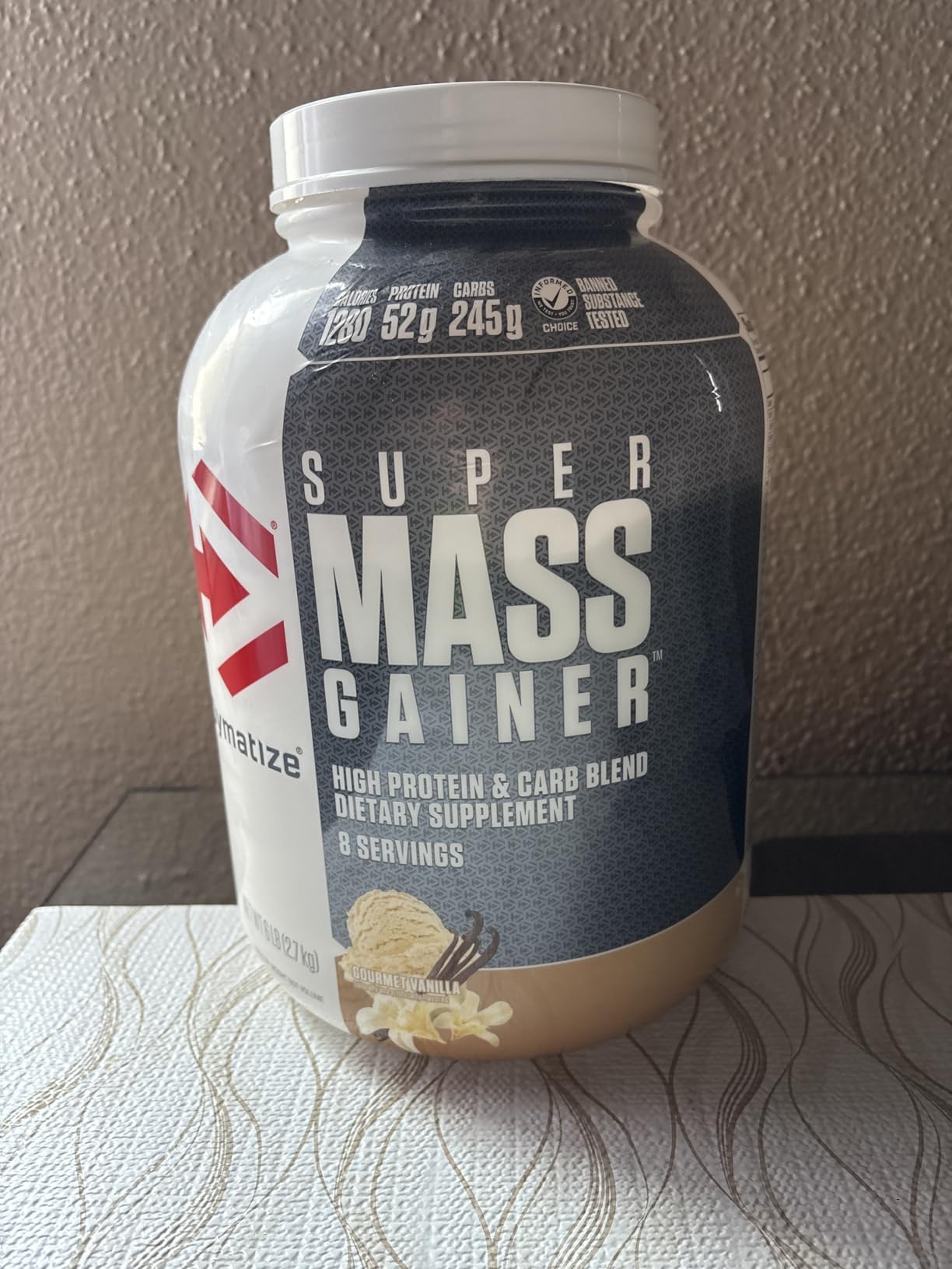 Dymatize Super Mass Gainer Protein Powder, Gourmet Vanilla, 52g Protein, 1g Creatine, 1280 Calories, 10.7g BCAAs, 245g Carbs, Contains Whey Protein Powder, Isolate, and Casein (8 Servings) customer photo 2