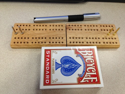 WE Games Travel Cribbage Board Game Set – Foldable 2-Track Mini Wooden Cribbage Board with Cards, Dice, Metal Pegs & Storage Bag – Portable Game customer photo 1