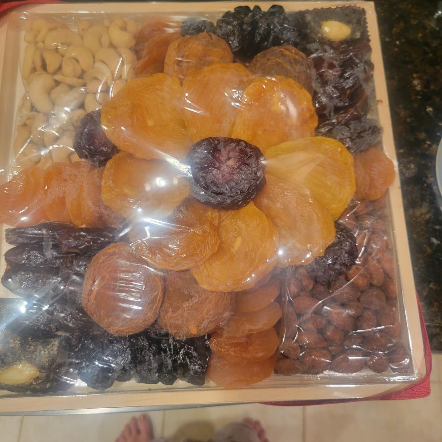 A Gift Inside Dried Fruit and Nuts Gift Basket – Gourmet Dried Apricots, Prunes, Pears, Peaches, Dates, Plums, Coconut Dates with Almonds, Roasted Almonds & Cashews – Reusable Wooden Gift Tray customer photo 2