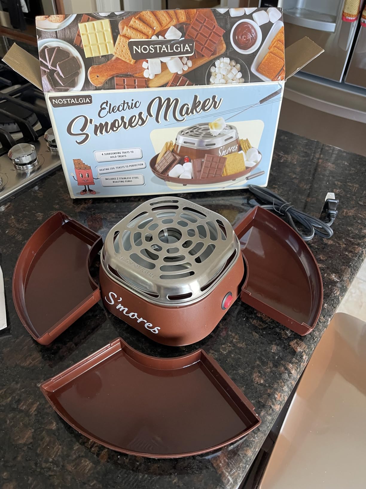 Nostalgia Tabletop Indoor Electric S'mores Maker - Smores Kit With Marshmallow Roasting Sticks and 4 Trays for Graham Crackers, Chocolate, and Marshmallows - Movie Night Supplies - Brown customer photo 2