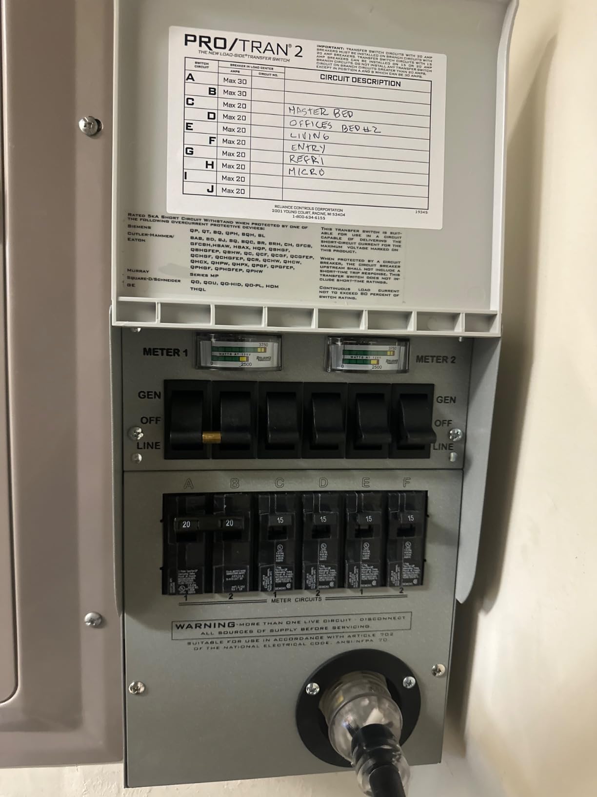 Reliance Controls 30 amps 240 volt 2 space 6 circuits Surface Mount Generator Power Transfer Kit customer photo 1