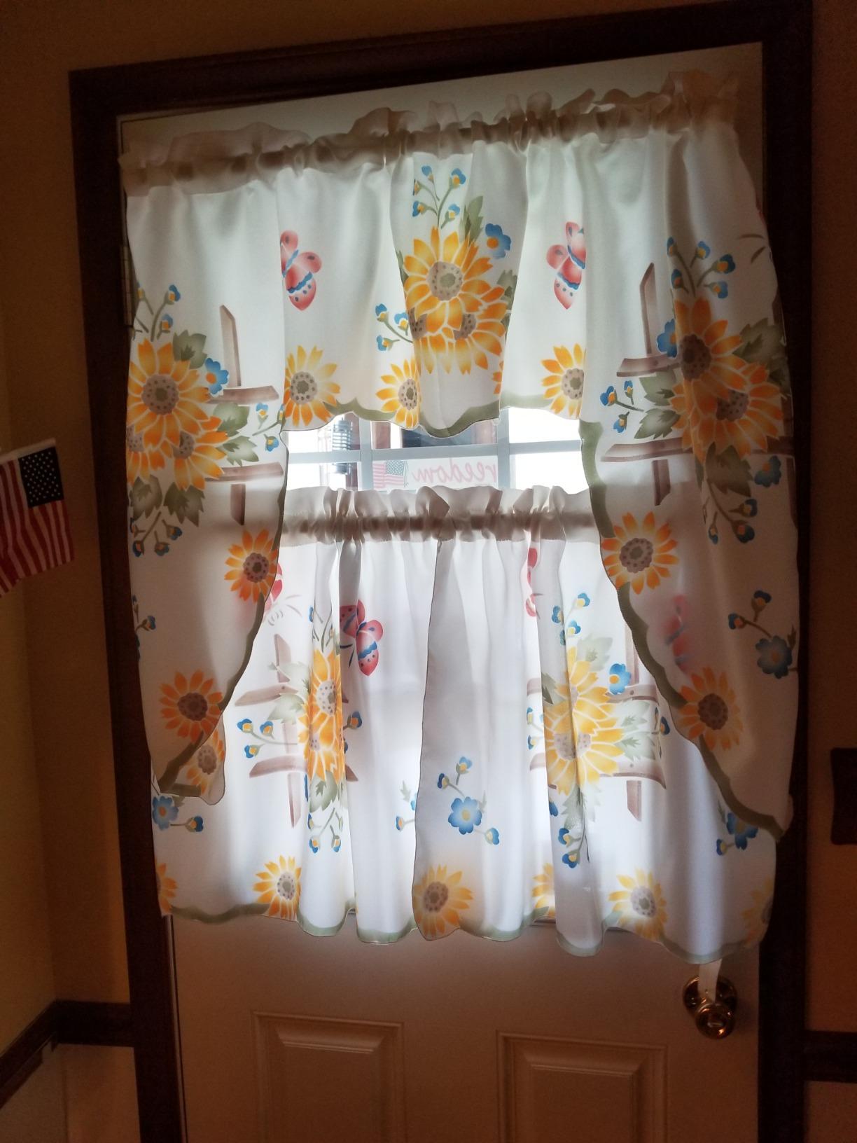 GOHD 3pcs Farmhouse Kitchen Cafe Curtain Set Air Brushed by Hand of Sunflower and Butterfly Design on Thick Satin Fabric (Swag and 36 inches Tiers Set) customer photo 2