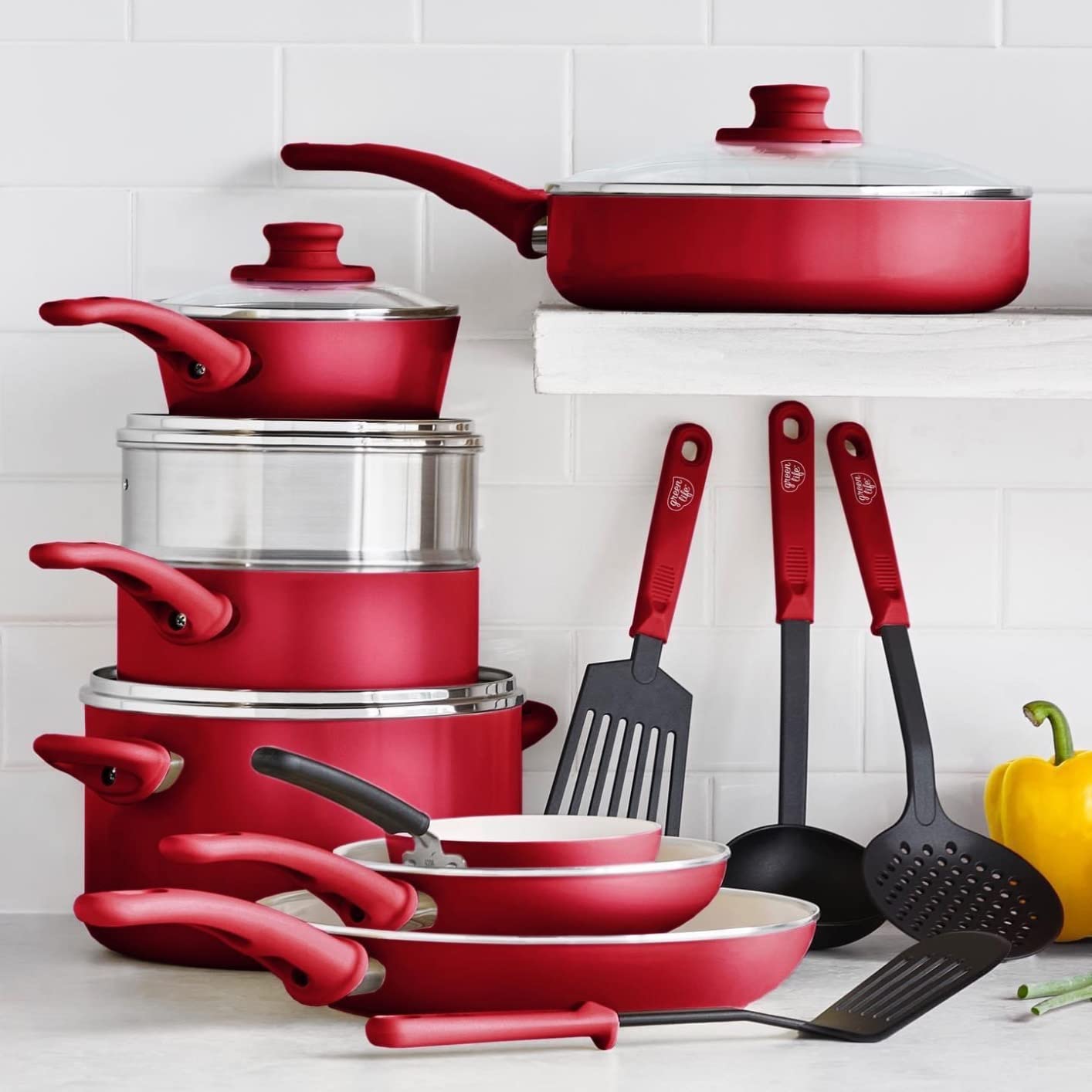 GreenLife 16 Piece Nonstick Cookware Set, Soft Grip Non-Toxic PFAS-Free Ceramic Pots & Pans, Dishwasher & Oven Safe, Frying, Sauce, Saute, Utensils, Glass Lids, Stay-Cool Handles, Wobble Free, Red customer photo 2
