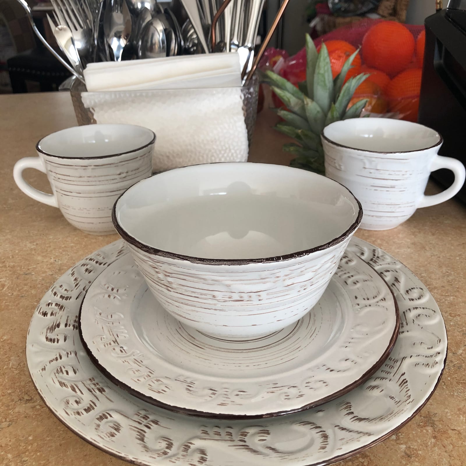 Pfaltzgraff Trellis White 16-Piece Stoneware Dinnerware Set, Service for 4, Distressed White Finish, Microwave & Dishwasher Safe Plates and Bowls customer photo 2
