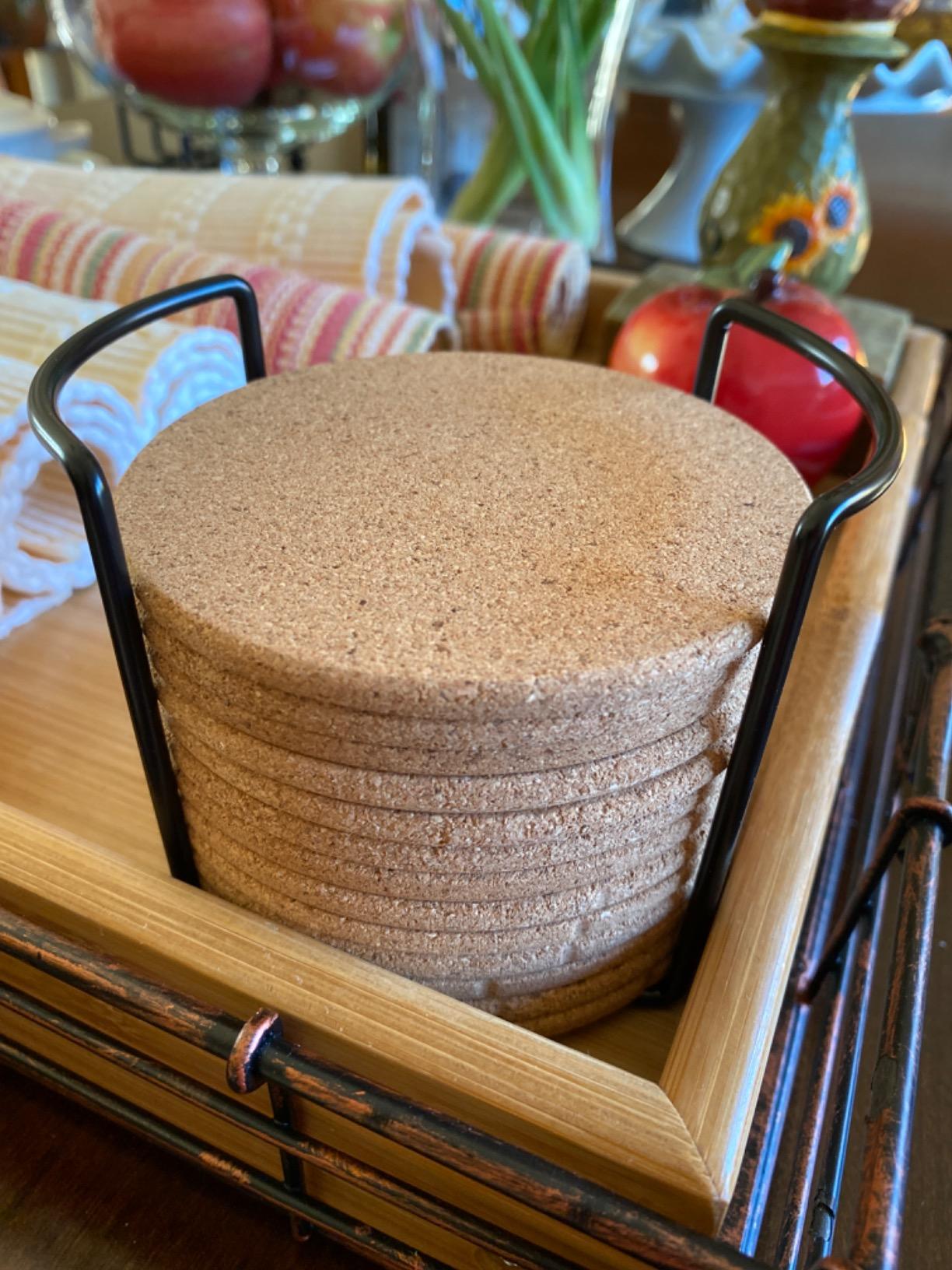 Cork Coasters for Drinks with Metal Holder - 16 Pcs Round 4 inch Drink Coaster Thick Absorbent Heat-Resistant Saucer - Used for Cold Hot Beverages Glasses Mugs Cups Plants Apartment Decor Bar Table customer photo 1
