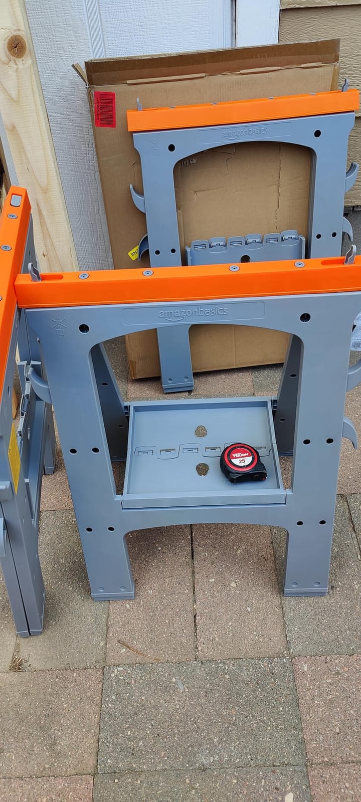 Amazon Basics Rectangular Folding Sawhorse, Collapsible, Folds Flat, 900 Pound Capacity, Set of 2, Orange and Grey customer photo 1